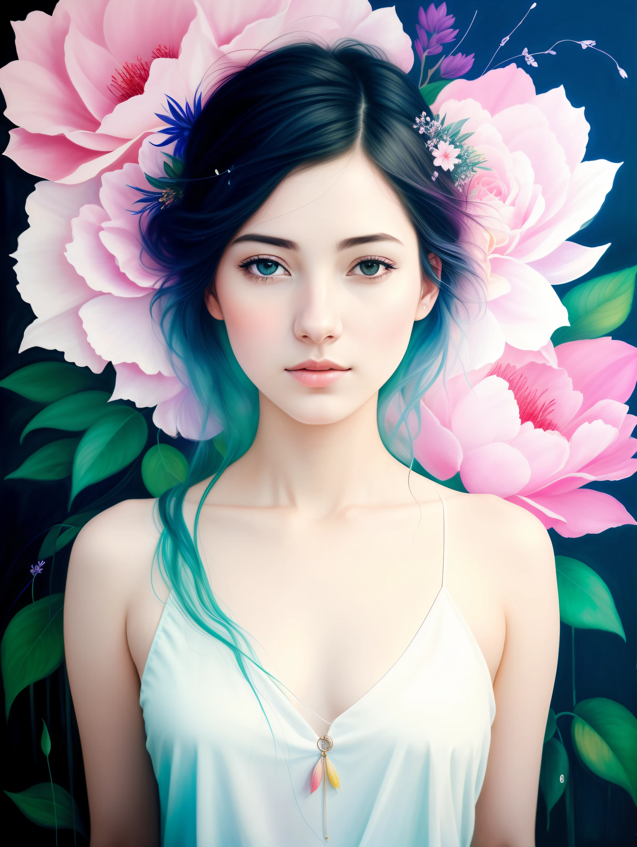 A botanical masterpiece in the style of Marco Mazzoni, detallado, Hyper realistic, Vista frontal, Elementos de simbolismo y surrealismo., una pintura de mse una mujer atractiva y seductora de agnes cecile, luminous design, colores pastel, gotas de tinta, luces de primavera, intricate design, mirando al espectador intertwined, hermosa mujer seductora atractiva, flores, pastel, mirando al espectador, Vista frontal