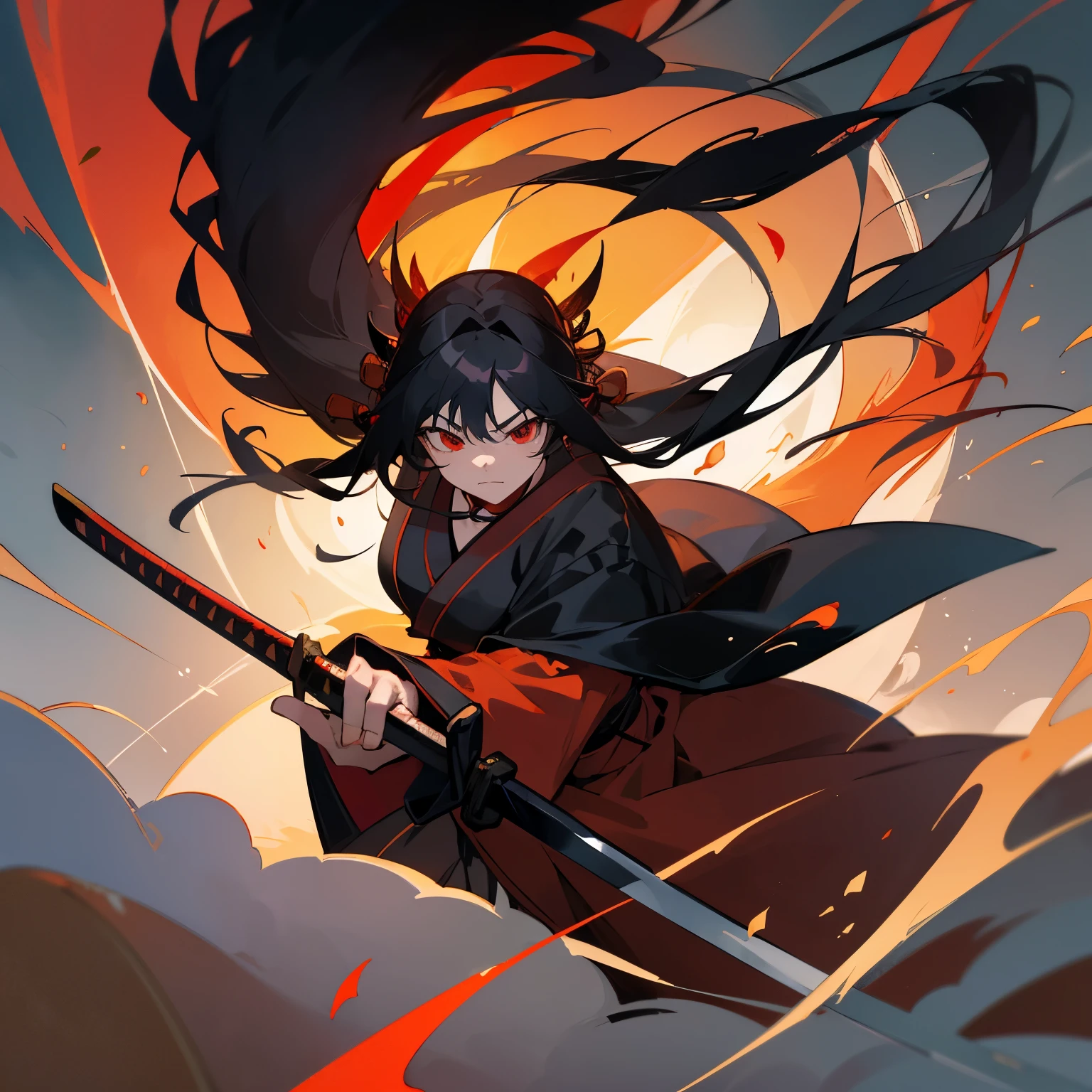 4K，2D，(masterpiece)，one person，Brave Woman，long black hair，Coarse hair，red eyes，dignified face，Red Hakama，black kimono，red collar，anthropomorphic phoenix，in flames，(Japanese sword)，Japanese swordを持っている，Action cartoon-like，floating々atmosphere