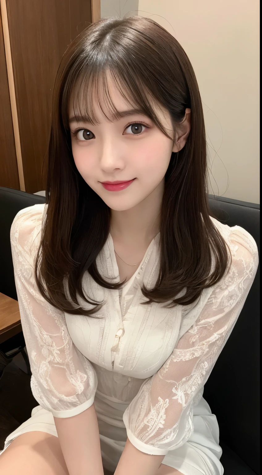 table top, highest quality, shape, Super detailed, finely, High resolution, 8k wallpaper, 完璧なダイナミックな構shape, beautiful and detailed eyes, small breasts, natural color lip, random sexy pose,smile、20 year old girl、midnight、Beautiful and dense face、perfect and beautiful face,Big eyes、real photos(best image quality),long dress(long sleeve blouse)、Photographed from the toes、shot from below