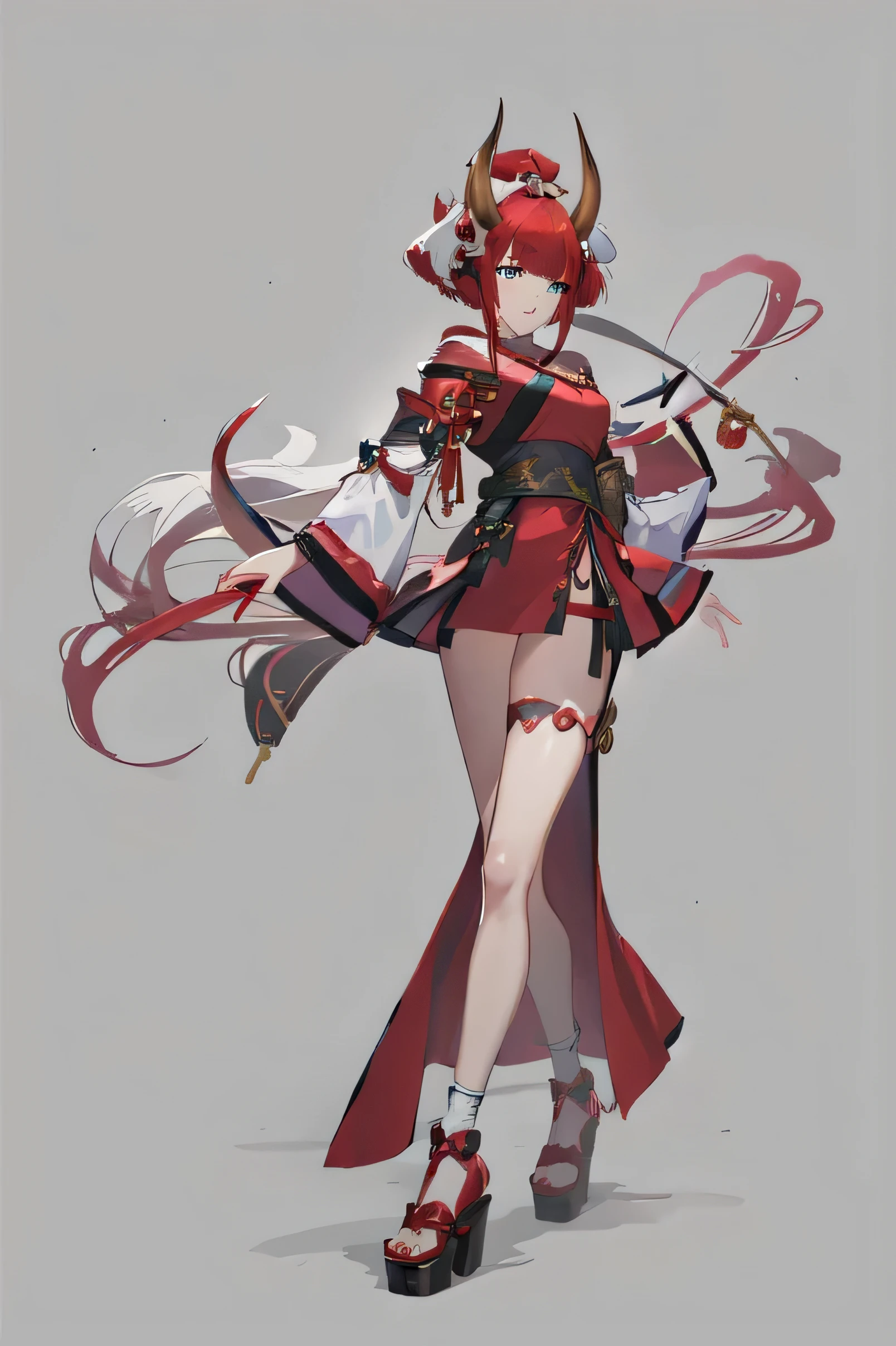 Horns、wearing red dress、, Kushat kenz, Kushat krenz, Onmyoji detailed art, bloody + concept art, Guilty gear art style, Kushat, Kushat krenz key art feminine, Interesting character design, Rosdrus Sakimichan, Popular topics on artstation pixiv, Onmyoji is brightly colored