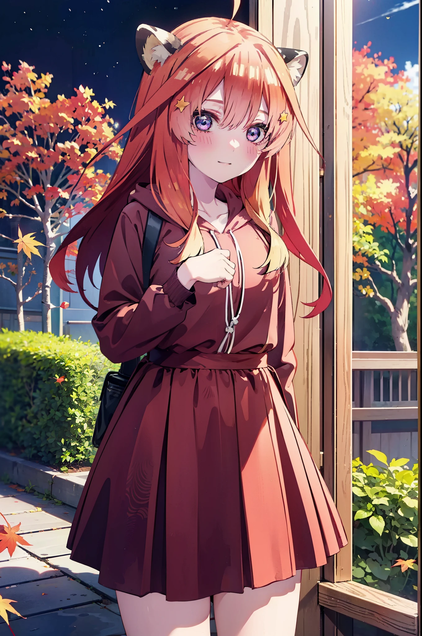 itsukinakano, itsuki nakano, bangs, blue eyes, hair between eyes, Ahoge, redhead, star \(symbol\), short braided hair,hair ornaments, star hair ornaments,smile,blush,animal ears　raccoon ears,animal tail　raccoon tail,red hoodie,white long skirt,Cute Sandals,autumn leaves,autumn leavesが散っている,autumn leaves道,whole bodyがイラストに入るように,night,moonlight,moonlight,
break outdoors,garden,
break looking at viewer,whole body,(cowboy shot:1.5),
break (masterpiece:1.2), highest quality, High resolution, unity 8k wallpaper, (shape:0.8), (beautiful deしっぽed eyes:1.6), extremely deしっぽed face, perfect lighting, extremely deしっぽed CG, (perfect hands, perfect anatomy),