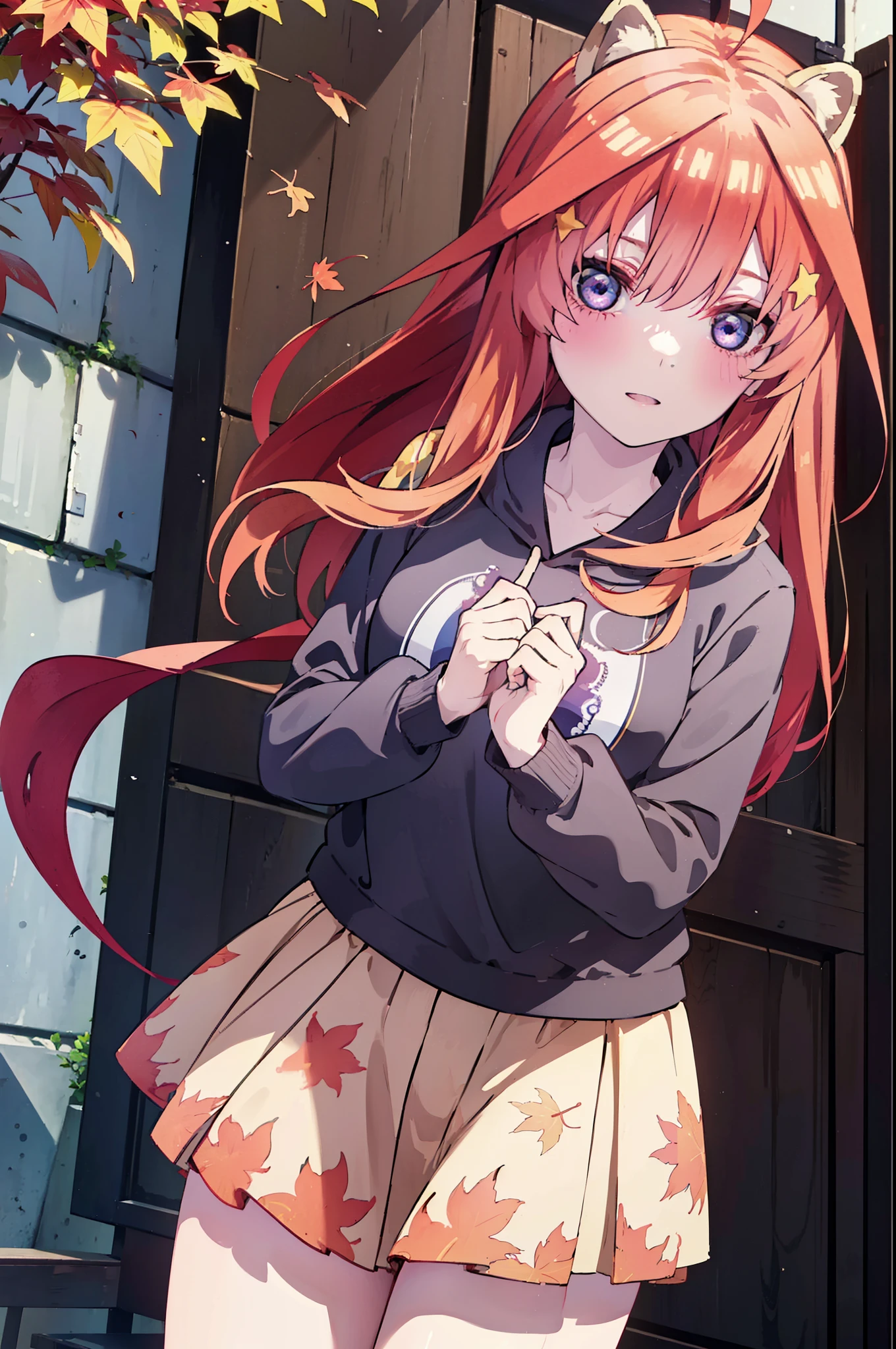 itsukinakano, itsuki nakano, bangs, blue eyes, hair between eyes, Ahoge, redhead, star \(symbol\), short braided hair,hair ornaments, star hair ornaments,smile,blush,animal ears　raccoon ears,animal tail　raccoon tail,red hoodie,white long skirt,Cute Sandals,autumn leaves,autumn leavesが散っている,autumn leaves道,whole bodyがイラストに入るように,night,moonlight,moonlight,
break outdoors,garden,
break looking at viewer,whole body,(cowboy shot:1.5),
break (masterpiece:1.2), highest quality, High resolution, unity 8k wallpaper, (shape:0.8), (beautiful deしっぽed eyes:1.6), extremely deしっぽed face, perfect lighting, extremely deしっぽed CG, (perfect hands, perfect anatomy),