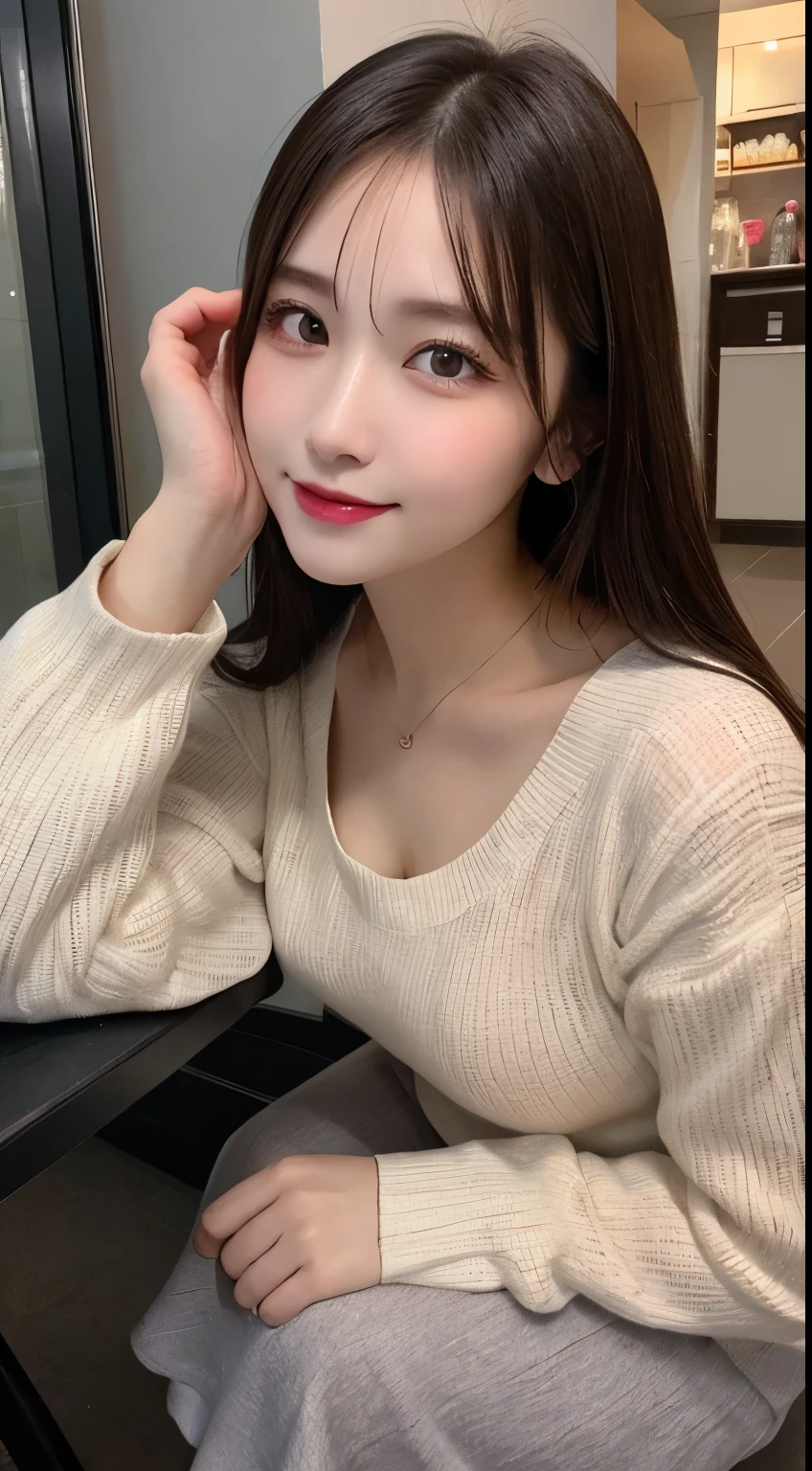 table top, highest quality, shape, Super detailed, finely, High resolution, 8k wallpaper, 完璧なダイナミックな構shape, beautiful and detailed eyes, small breasts, natural color lip, random sexy pose,smile,big city、20 year old girl、midnight、Beautiful and dense face、perfect and beautiful face,Big eyes、real photos（best image quality）,long dress（long sleeve blouse）、Taken from above the knees、Shoot from the right side