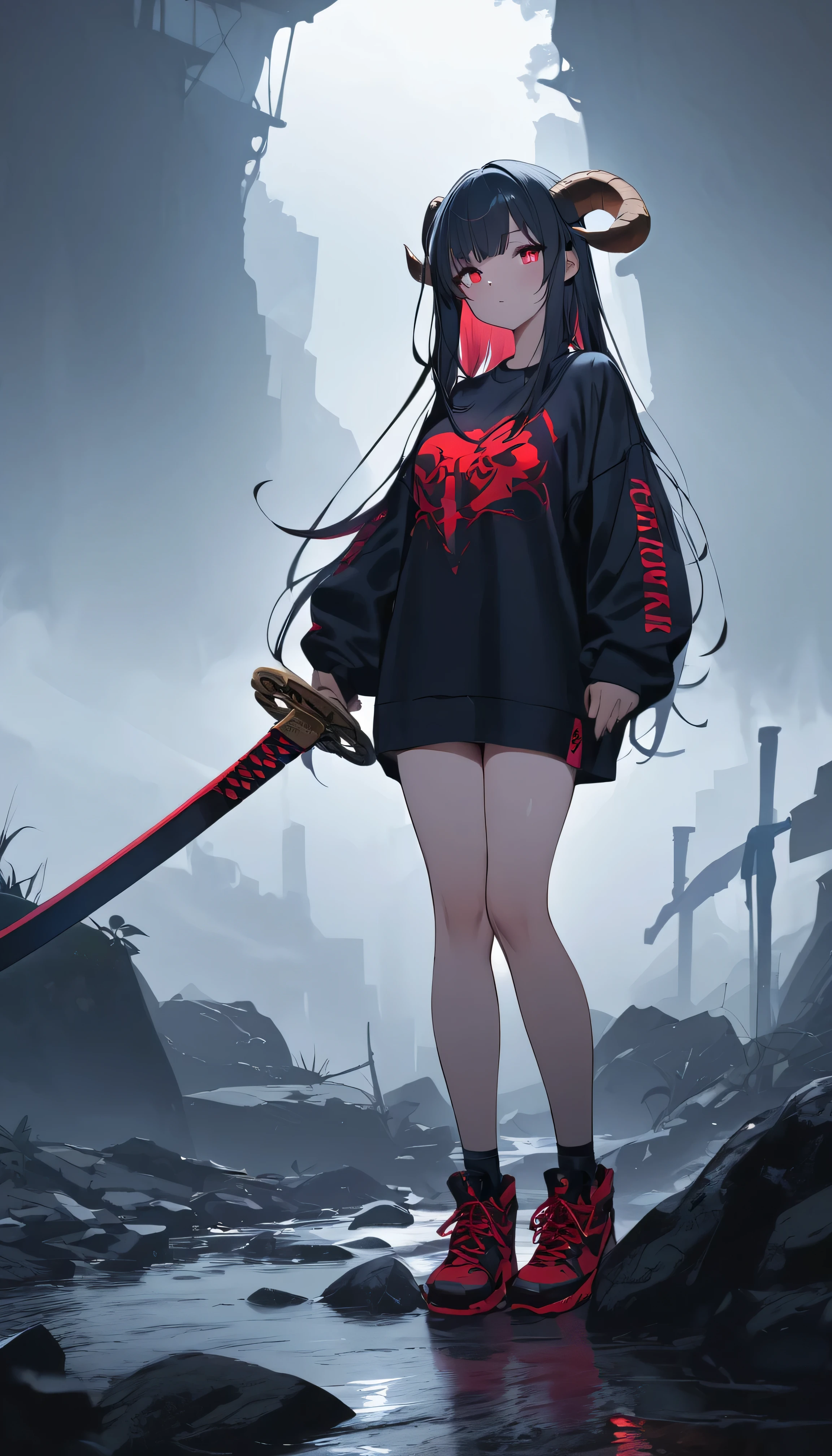 Masterpiece, saturate, full HD, best quality, 1girl, ( young girl, cute girl), slim body.medium breast, black.detailed beautiful eyes. Glowing eye. Bright red eyes, long hair, bangs, black T - shirt oversized, holding katana. Dragon horns, shadows surrounding girl, foggy theme, rocky plain background and many swords sticking into the ground, foggy
 