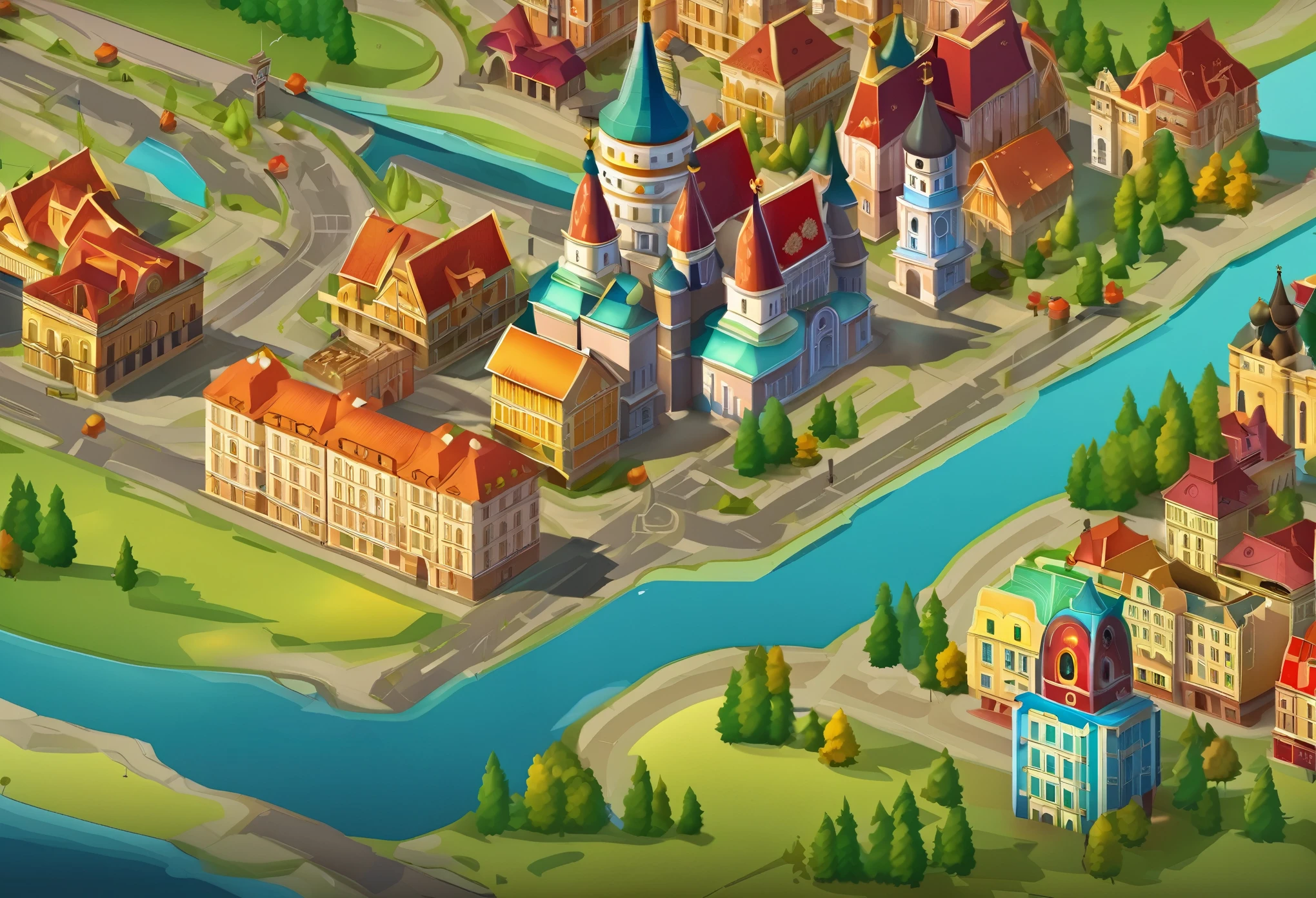 2d game map of a Russian city with, several buildings connected by an expensive, realistic colors, high detail, masterpiece quality