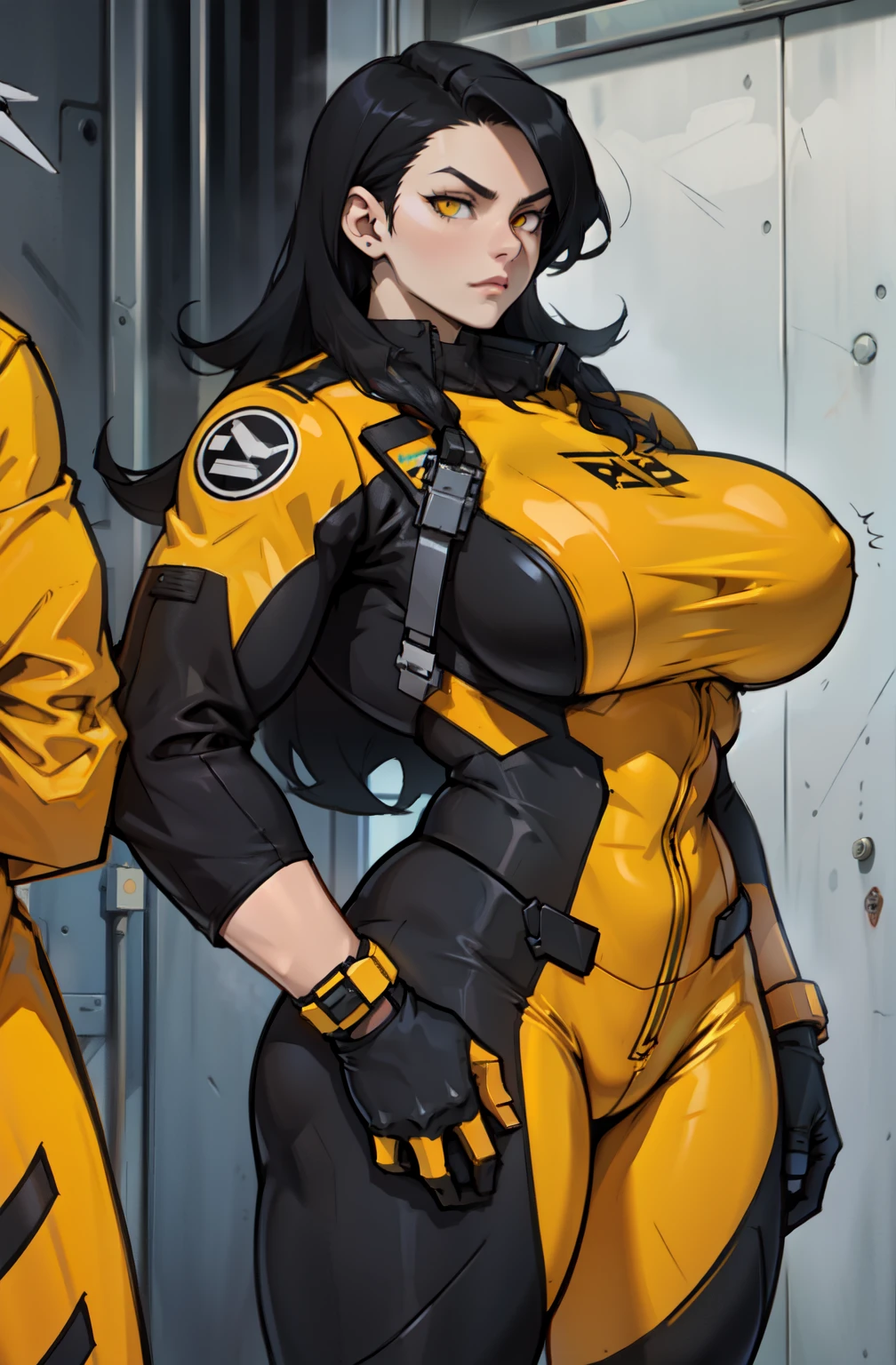 huge breasts black hair yellow eyes pale skin pilot suit very long hair {{{pilot suit}}}