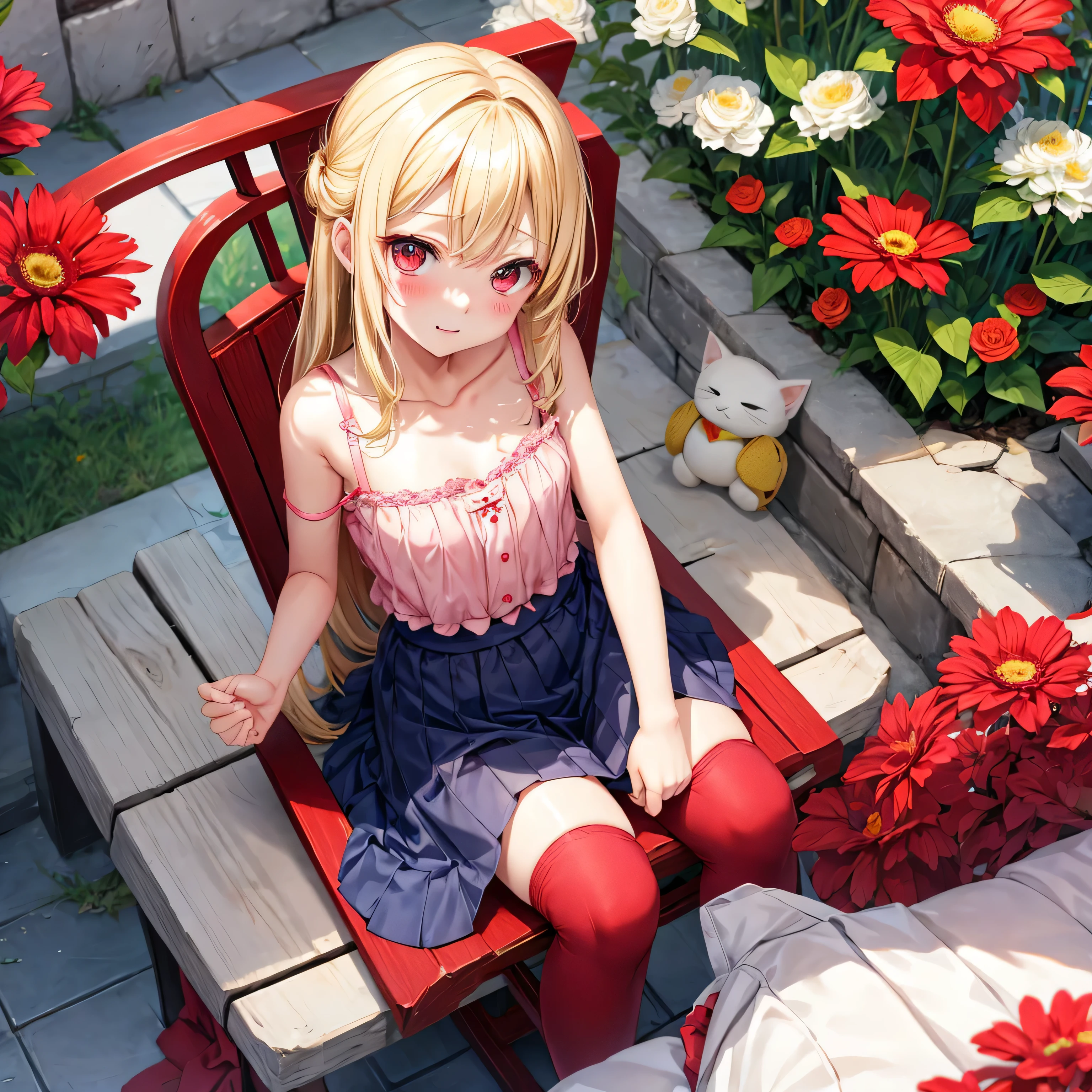 blonde、red eyes、1 Cute Girl、solo、11 years old、and soul、flower garden、blush、camisole、itching on the chair、Underwear is slightly visible