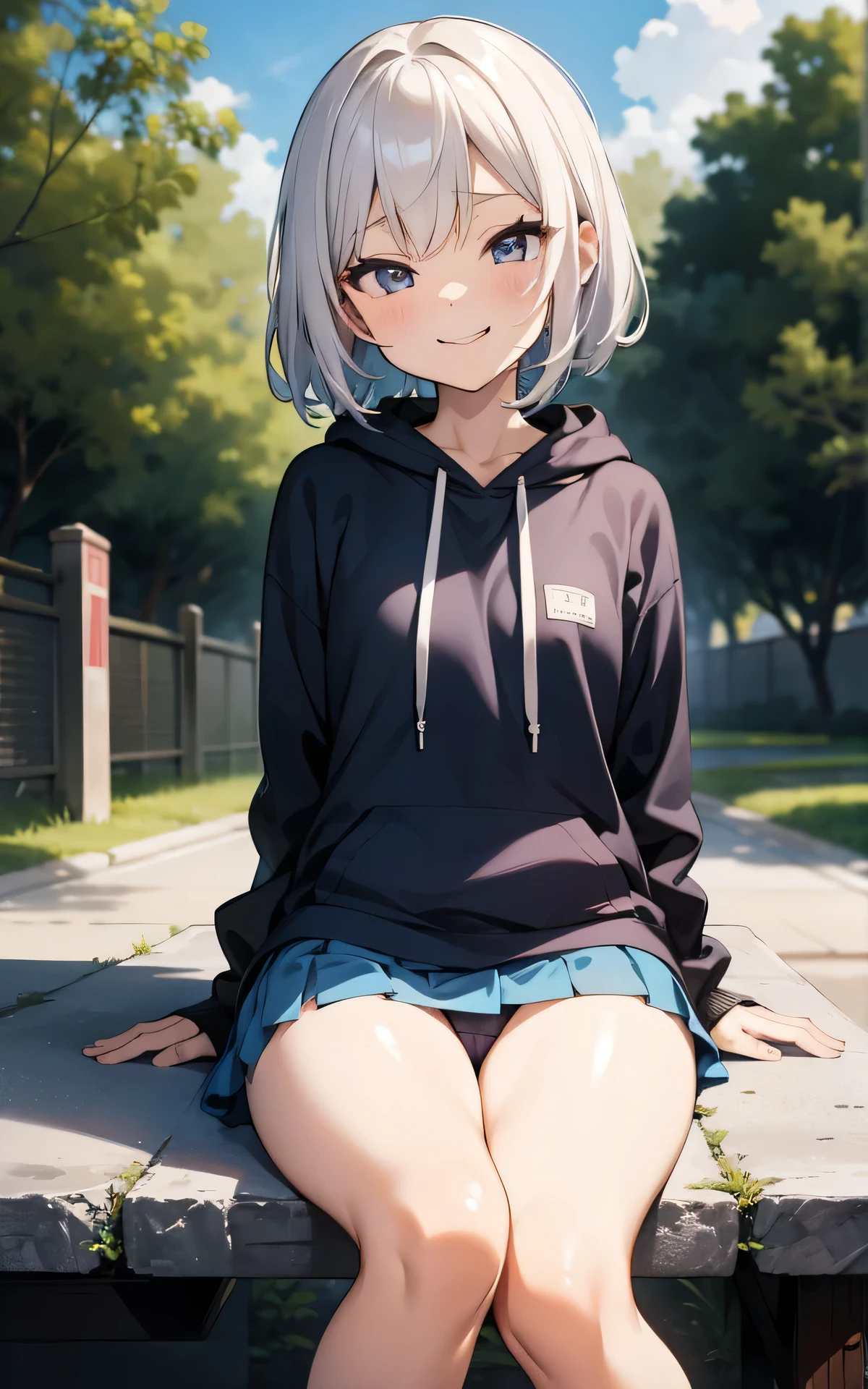 realisticlying,flat color, anime coloring, extremely detailed CG、high resolution、absurderes、detailed background:1.3、1 girl、、( short stature:1.3、 small breasts、shiny skin、sitting、cotton material panties、spread legesugaki、mesugaki、mini skirt, hoodie), evil smile:1.3, outdoor, sky blue