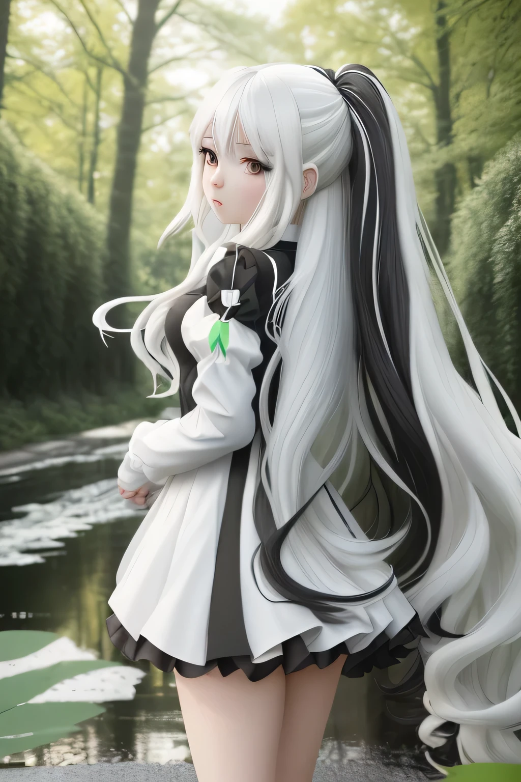 Anime girl,long hair white and black,красивый природа 🏞 водопад,спортивная одежда летняя обувь 👟 спартиака