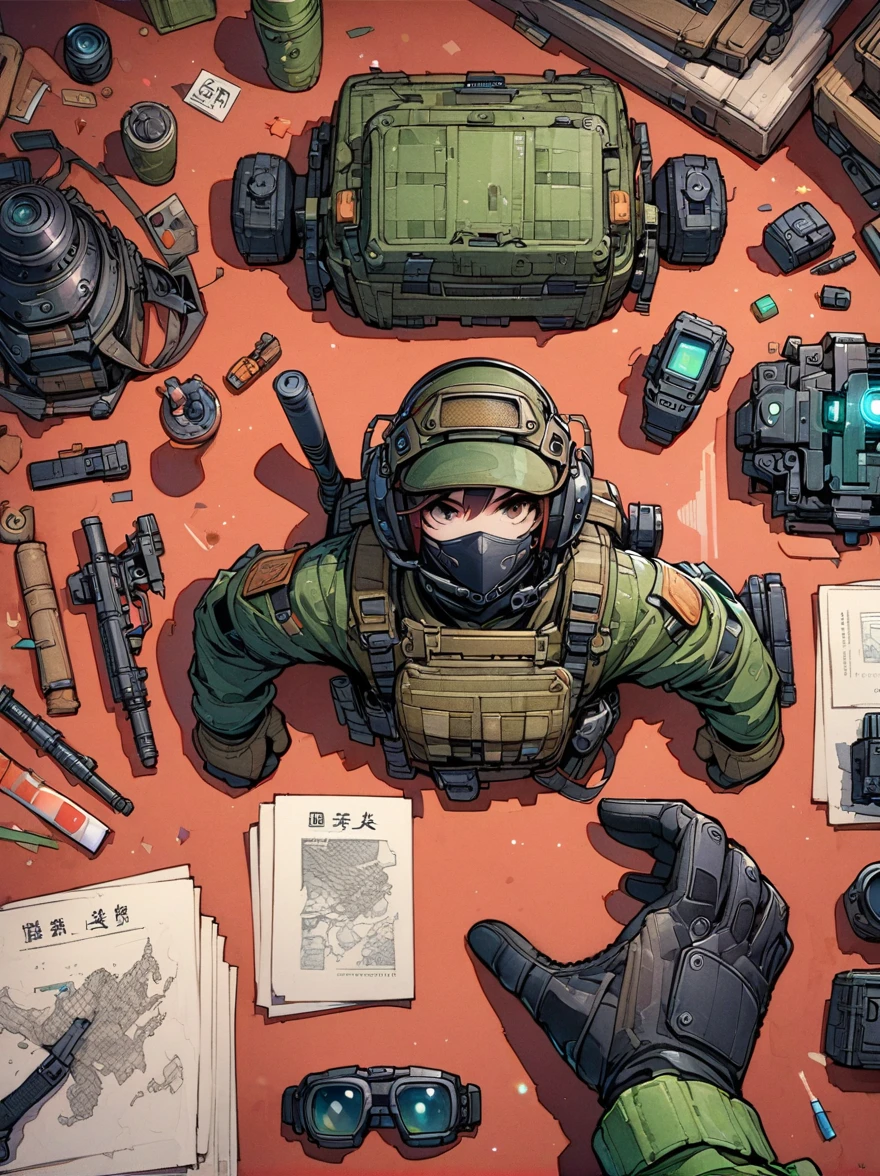 Finishing method:1.3,European face young girl,Smiling all over,Perfect body,military tactical equipment,Equipment and accessories,Knolling layout neatly arranged on the table,figure,knolling,Cartoon,pure red background,(first-person view, pov, UHD, retina, masterpiece, ccurate, anatomically correct, textured skin, super detail, high details, best quality, 8k, Chinese illustration,flat illustration,Mark strokes,Colored ink on paper,Vector illustration)