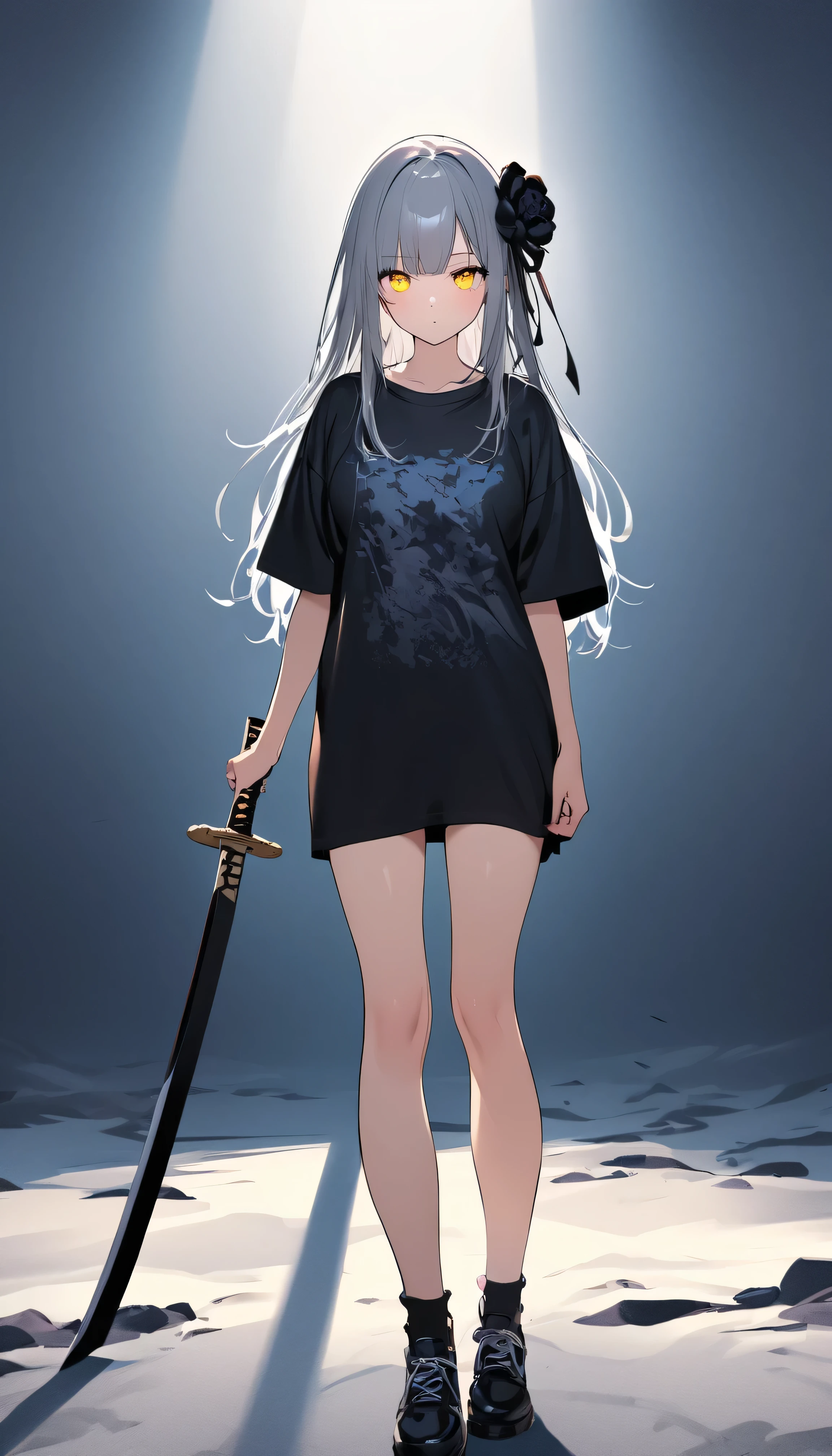 Masterpiece, saturate, full HD, best quality, 1girl, ( young girl, cute girl), slim body.medium breast, grey hair.detailed beautiful eyes. Glowing eye. Bright yellow eyes, long hair, bangs, black T - shirt oversized, holding katana. Black flower hair ornament, shadows surrounding girl, foggy theme, rocky plain background and many swords sticking into the ground, foggy