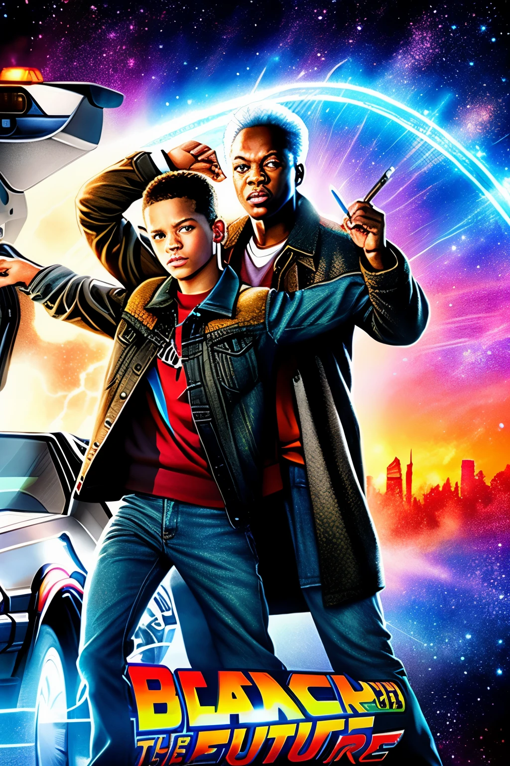 A visually stunning movie poster for "Back to the Future" featuring a captivating cast of black characters, portraying an alternative and inclusive perspective. The artwork showcases the iconic elements of the original poster while seamlessly incorporating a diverse and culturally vibrant atmosphere. The composition highlights the dynamic interactions between the characters, evoking a sense of adventure and excitement. With masterful attention to detail and meticulous craftsmanship, this poster boasts unparalleled image quality, cinematic lighting, and an exquisite blend of colors. The background exudes a sense of futuristic wonder, with vibrant hues and intricate details that transport the viewer into a world of endless possibilities. This groundbreaking artwork is a true masterpiece, demonstrating the power of representation and celebrating the beauty and diversity of the black community.