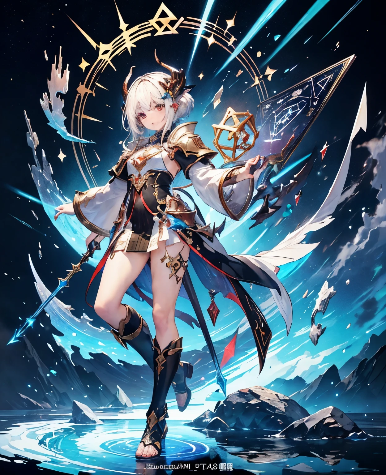 masterpiece, ultra detailed, multicolored eyes, celestial being, solo focus, male, horn, scales, orichalcum, reflective, dispersion, (spectrum:1.1), flakes, (runes:1.2), full body, floating hands, swaying, shadowverse, cygames, official art, video games, digitigrade, muscular, detailed eyes