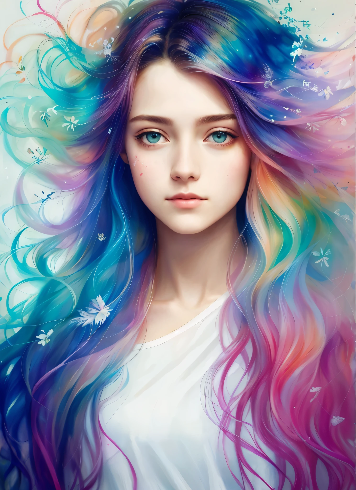 "an amazing painting by Agnes Cecile, with a beautiful bright design, Cabello largo y rizado impresionantes colores pastel, Moving paint drips and cozy autumn lights."