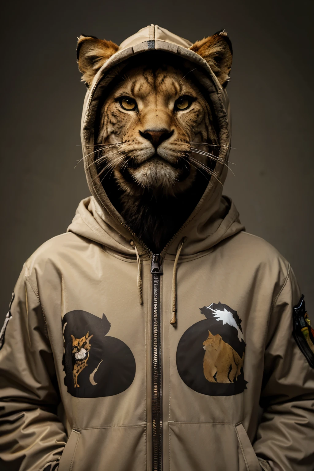 arafed image of a lion in a jacket with a hood, based on a puma, anthropomorphic lynx, using dead lion costume jacket, realistic photo”, by Chris LaBrooy, in a hood, inspired by Martin Schoeller, by Martin Schoeller, very hyper realistic, sabertooth cat, very very very realistic, very realistic photograph, highly realistic photo