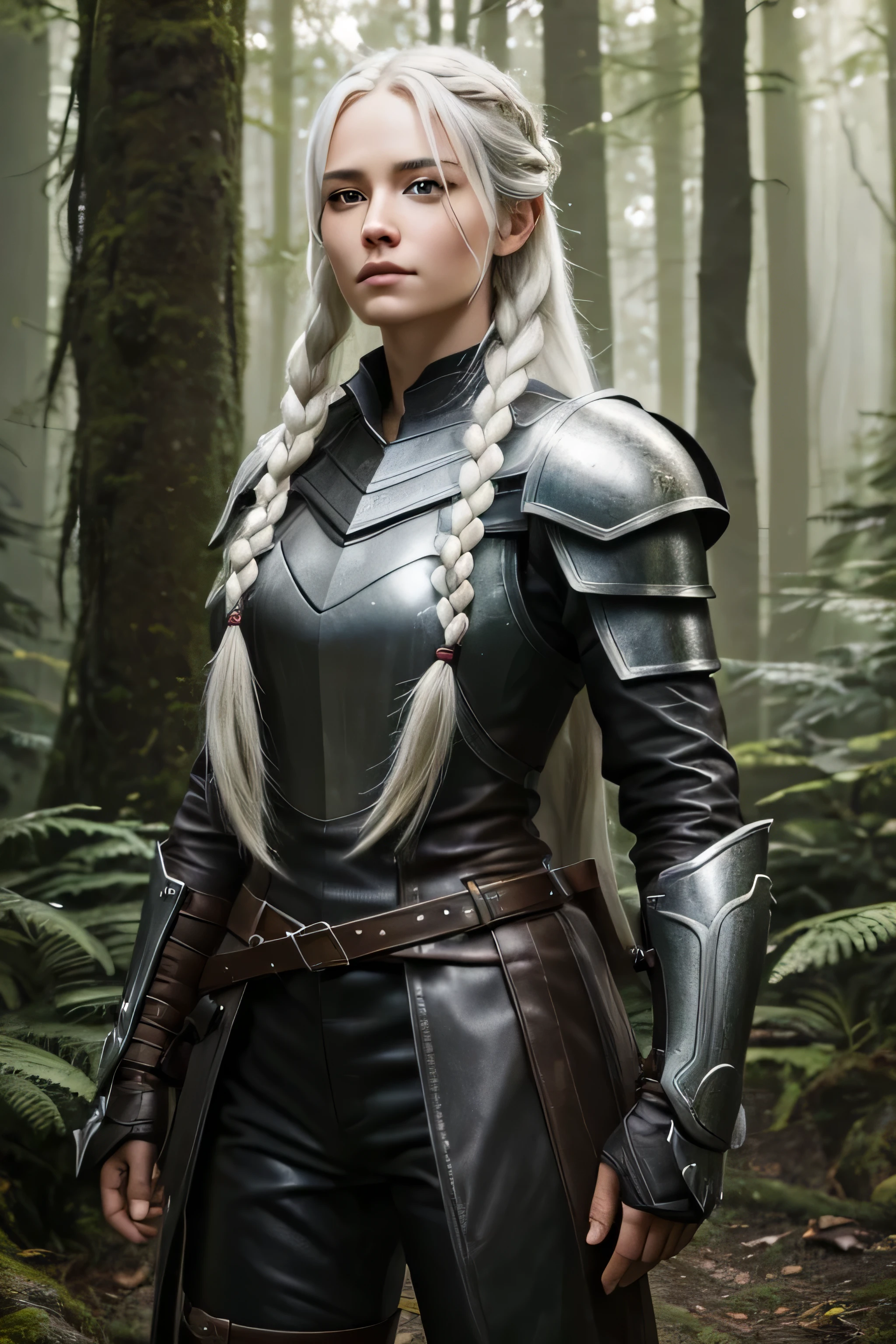 1 female ranger, long white hair, braided hair, grey eyes, beautiful face, wearing leather armor, standing in a forest, absurdres, high res, ultrasharp, 8K, masterpieceThe image should be of absurd resolution and high detail. It should be ultra-sharp and available in 8K resolution, representing a masterpiece in image quality.