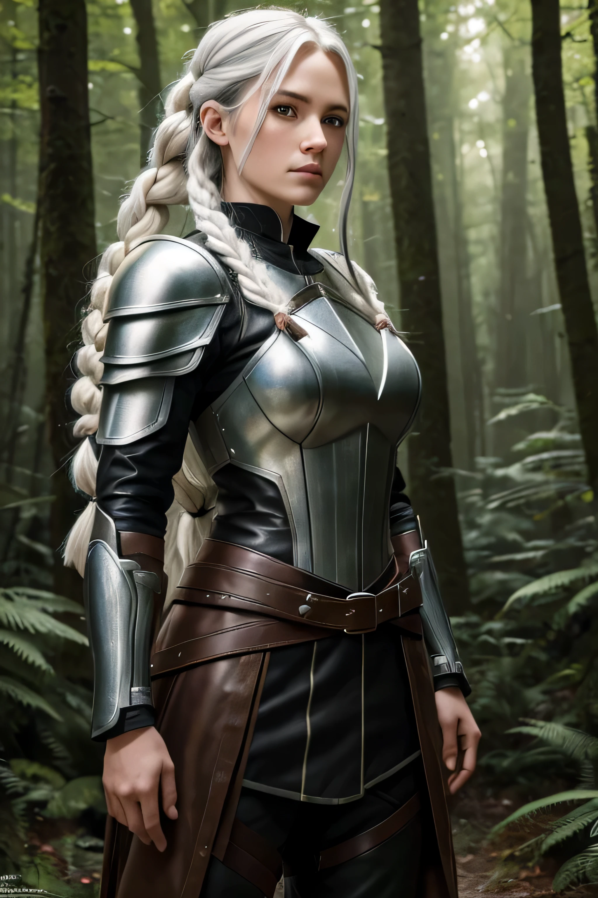 1 female ranger, long white hair, braided hair, grey eyes, beautiful face, wearing leather armor, standing in a forest, absurdres, high res, ultrasharp, 8K, masterpieceThe image should be of absurd resolution and high detail. It should be ultra-sharp and available in 8K resolution, representing a masterpiece in image quality.