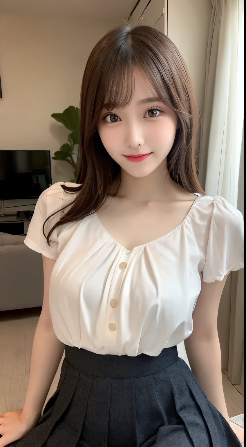 table top, highest quality, shape, Super detailed, finely, High resolution, 8k wallpaper, 完璧なダイナミックな構shape, beautiful and detailed eyes, small breasts, natural color lip, ランダムなsexy pose,smile,20 year old girl、Beautiful and dense face、perfect and beautiful face,Big eyes、real photos(best image quality),cute face、cute、blouse(black)、pleated skirt、Blurred tower apartment living room background、sexy pose