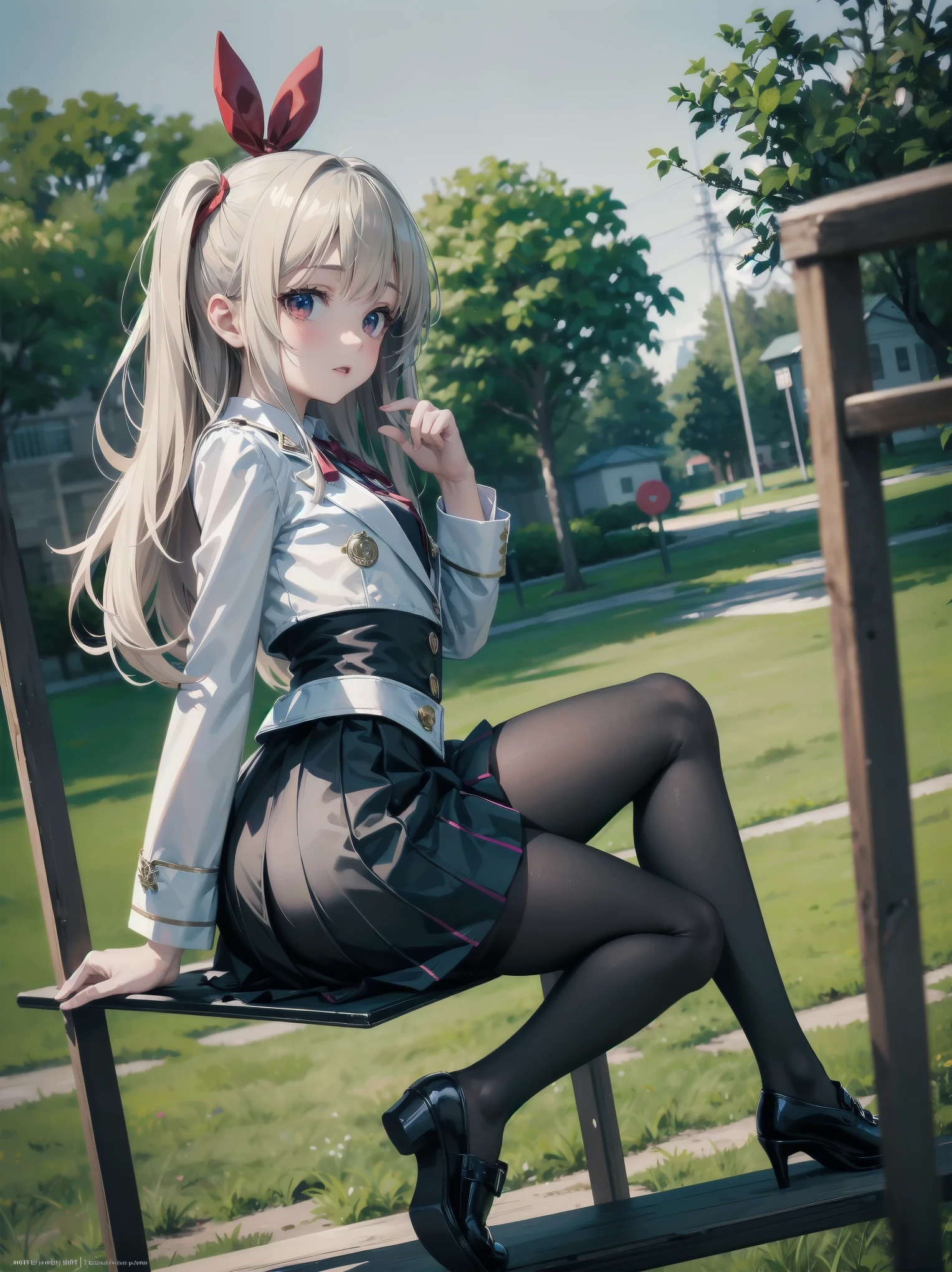 (Masterpiece: 1. 2), (Top quality: 1. 2), Anime girl, Cute, Fashionable ribbon, Red intricate fine eye, White woman's blouse, Brand grey blazer, Small red ribbon on chest, Very young, cute, tiny, girl, Female academy , Pre-skirt, Black tights, Fine fine fine Tights, Full Length, Young girl looking back from the side, Front View, Alone, Mocking and super cute, Thighs open left and right, Prestigious branded uniform, Background sitting on park play equipment, Legs open looking at me, Colourful background, Beautiful shading effect, Pretty like a scene from a movie Character pose.