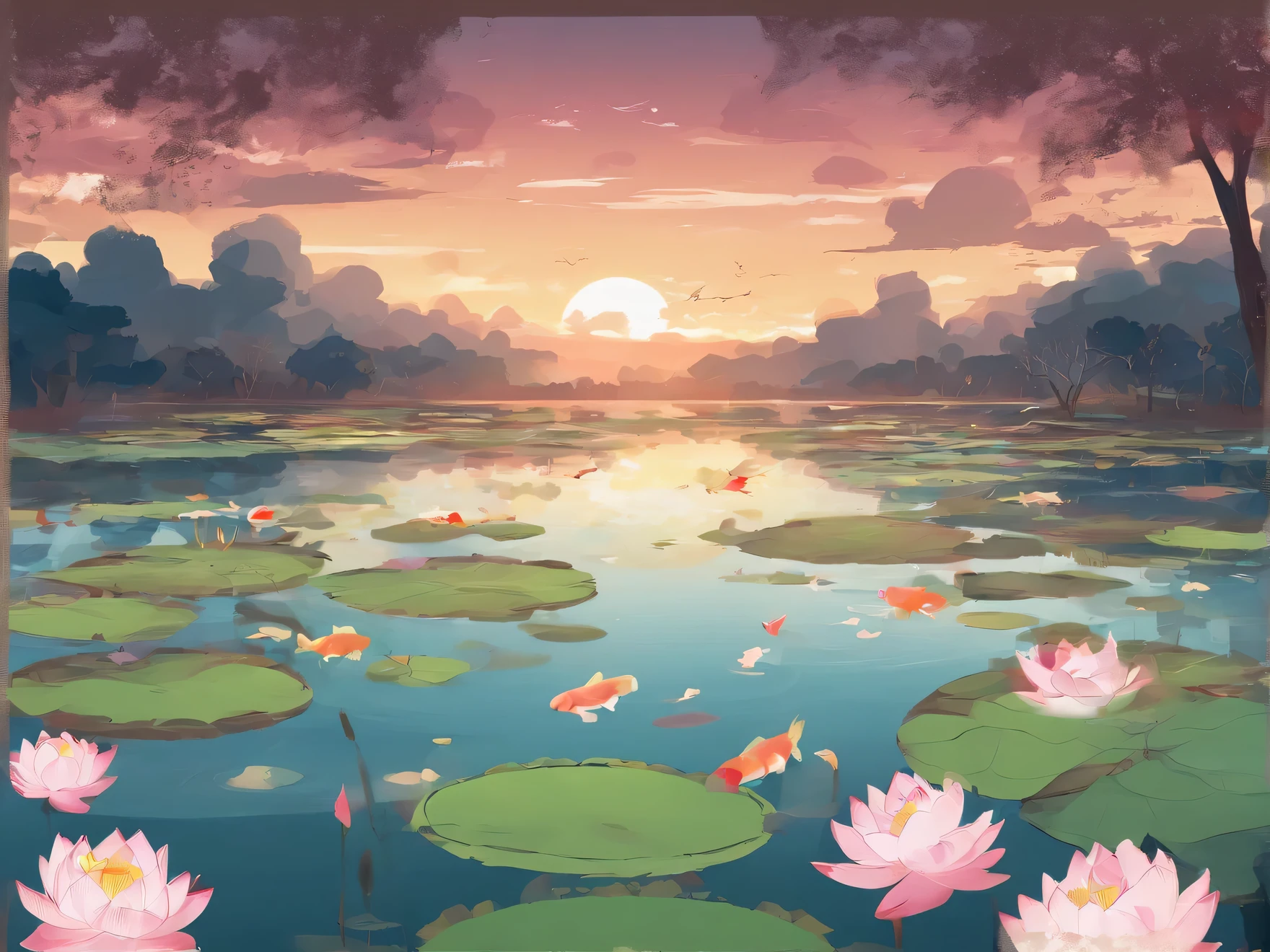 Evening Pond, pond at dusk, lotus flowers, golden carp, red and white carp, and carp of various patterns,