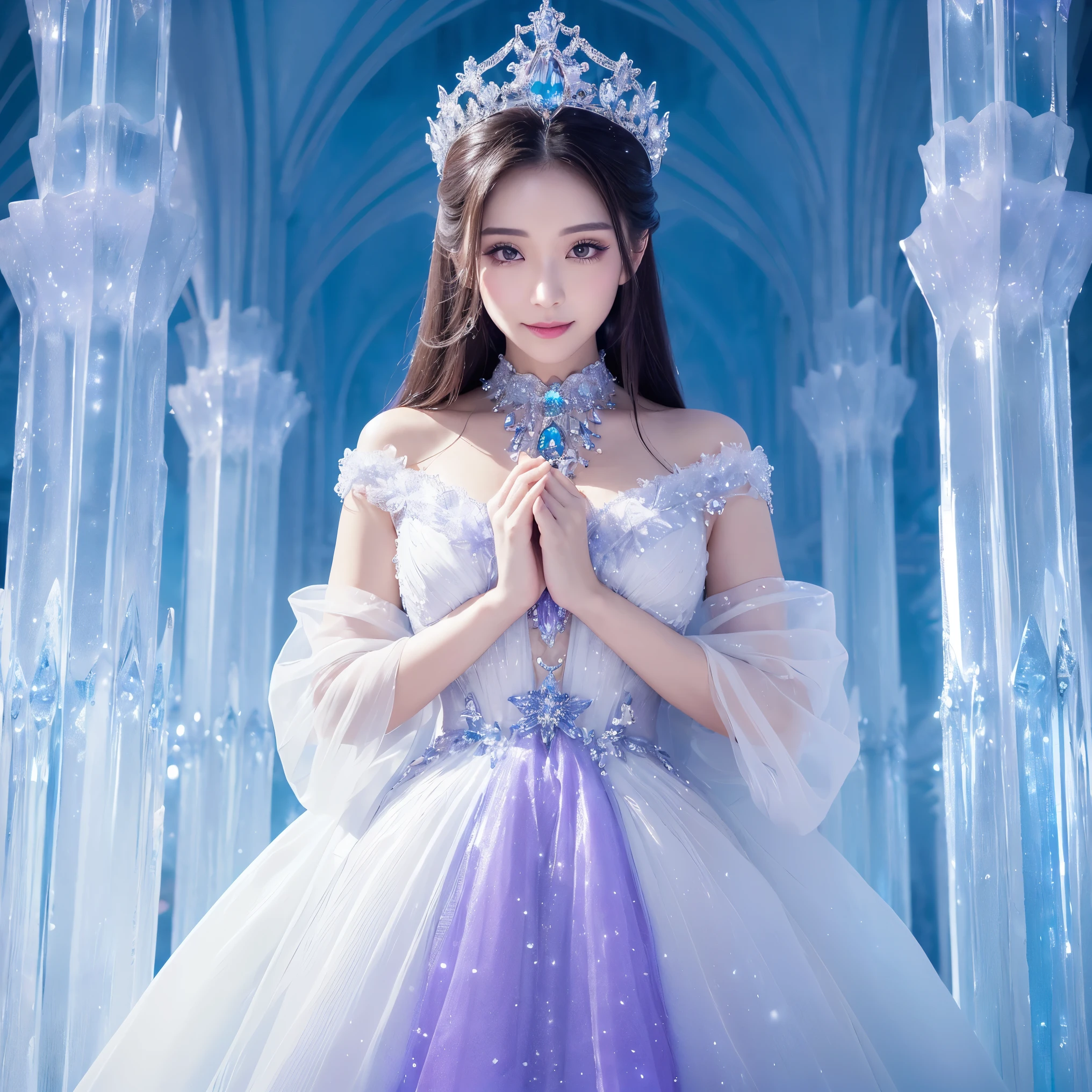 (masterpiece、highest quality、best image quality、8K、Award-winning work)、one goddess、(the most luxurious, Sparkling, high end giant costume:1.1)、(The most luxurious and highest quality giant tiara:1.1)、(The most luxurious and highest quality giant necklace:1.1)、(Highest grade goddess costume with beautiful purple and white gradation:1.2)、(Goddess costume with exquisite decorations shining in purple and white.:1.1)、(Highest quality goddess costume with exquisite purple and white gradation:1.1)、upper body photo、(look at me with the best smile:1.2)、big breasts、Beautiful transparent sleeves of the highest quality、(Highest grade transparent sleeve with jewel decoration:1.1)、publish one&#39;shoulder、Standing gracefully、(The most luxurious palace background made of ice:1.4)、(The most elaborate and luxurious ice palace cathedral:1.3)、(Inside the most mysterious giant palace made of ice:1.4)、(The most beautiful cathedral made of crystal clear ice:1.4)、(beautiful transparent ice:1.1)、(Mysterious fairy tale light blue fog:1.15)、The background is a detailed ice palace、beautiful ice ceiling、(Palace interior background made of intricately shining transparent ice:1.4)、(Elegant palace pillars made of ice:1.05)、the most intricate and luxurious decoration、(large amount of jewelry decoration:1.1)、最もComplex and detailed background、(that&#39;It&#39;s snowing:1.1)、fine Sparkling snow、(Tyndall effect:1.1)、Subtle Sparkling snow、epic movie lighting、perfect makeup、long eyelashes、beautiful eyeshadow、(accurate anatomy:1.1)、Natural forehead、Complex and detailed background、the most delicate shine、background with depth、low contrast、Surrounded by soft light、(body turns forward:1.1)、(lower your arms:1.1)