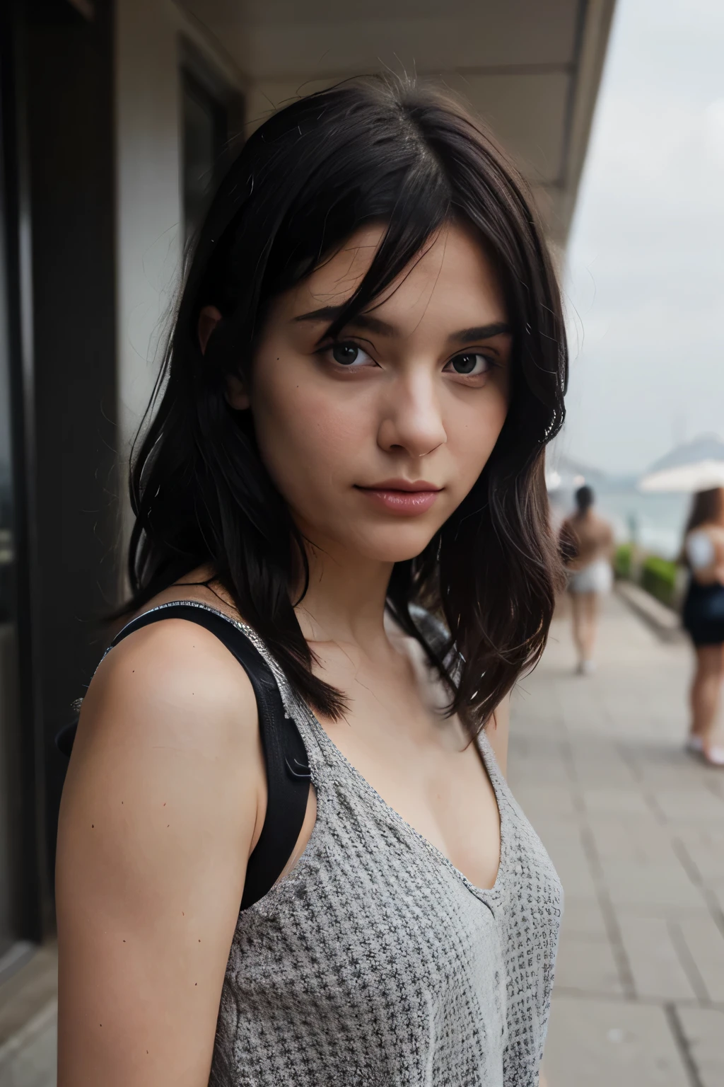 Cruel but sweet,black and white hair, sunny day in front of the pedestrian,eyes like the ocean and the black sky covered with blue stars