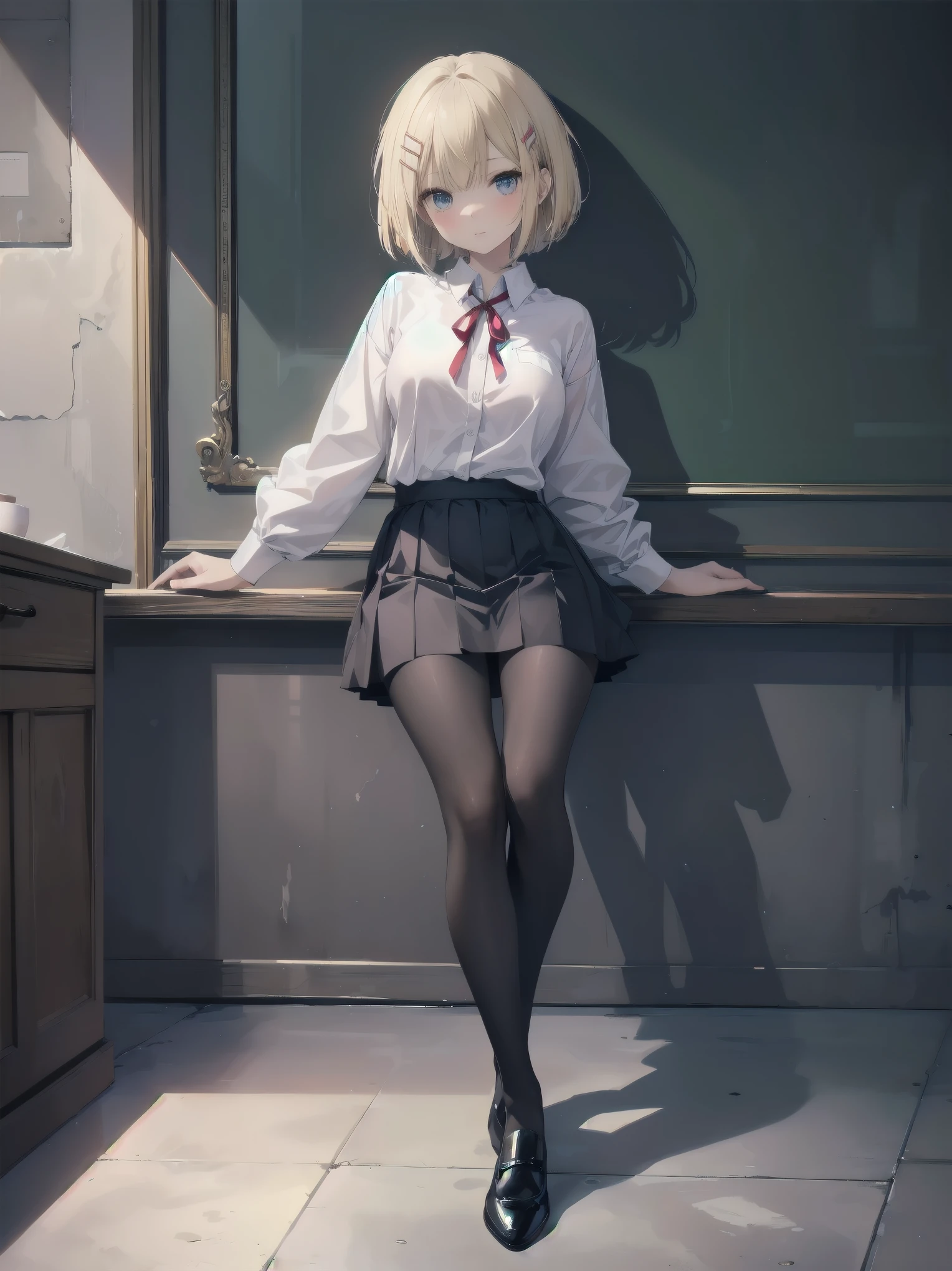 (Masterpiece: 1.2), (Best picture: 1.2), Anime girl, Solo, alone, Blonde hair, Hair clip on front right side, Bob cut, Red realistic and complex eyes, White female shirt, Brand grey blazer, Small red ribbon across chest, made of stylish and exclusive material and design, Pliss skirt with check pattern, Black tights, Fine tights, Full body, Big tits, Front view, One person, Mockingly super cute, absurdly cute