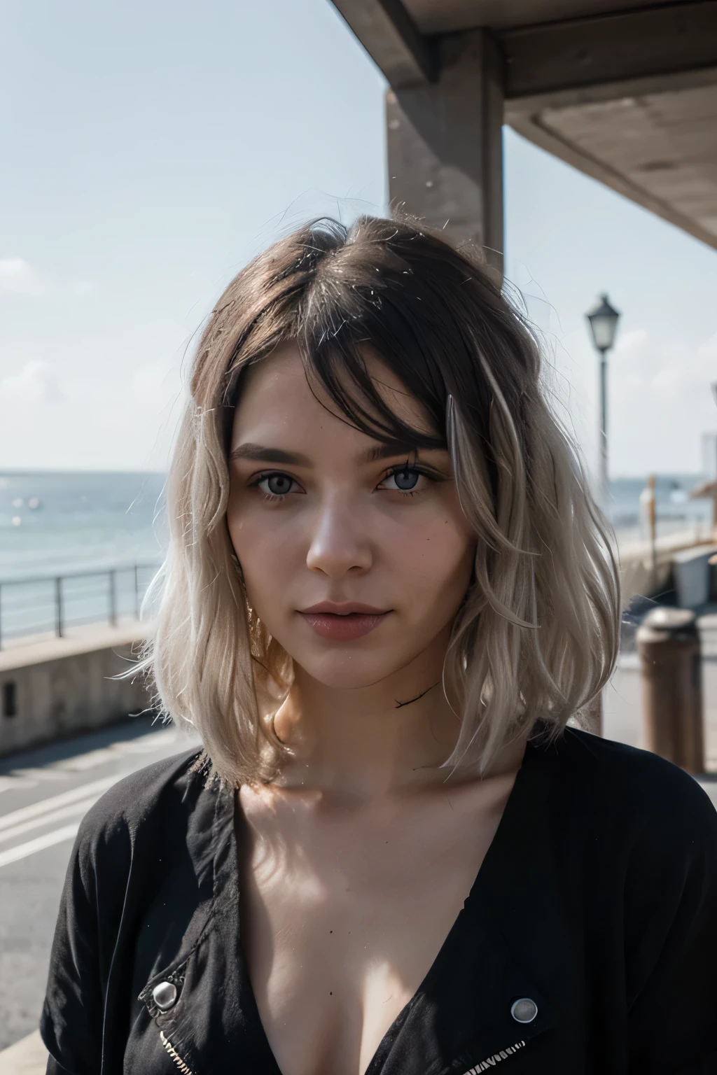 Cruel but sweet,black and white hair, sunny day in front of the pedestrian,eyes like the ocean and the black sky covered with blue stars