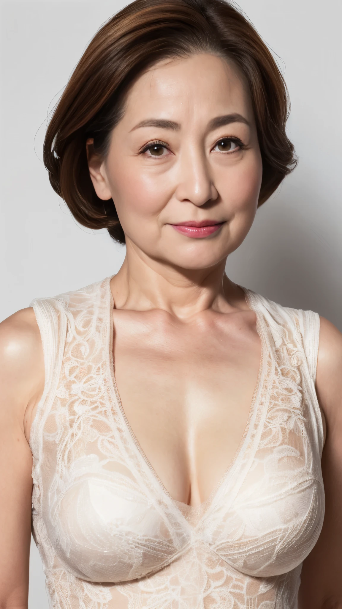 remove background, gravure, facing the front, ((detained)), flashy makeup, from the chest up, masterpiece, highest quality, Super detailed, realistic, super dense skin, perfect anatomy, (1 Japanese mature woman), (alone), 95 years old, big breasts, Mature politician, Glamour, sexy, pure white skin, looking at the viewer,
