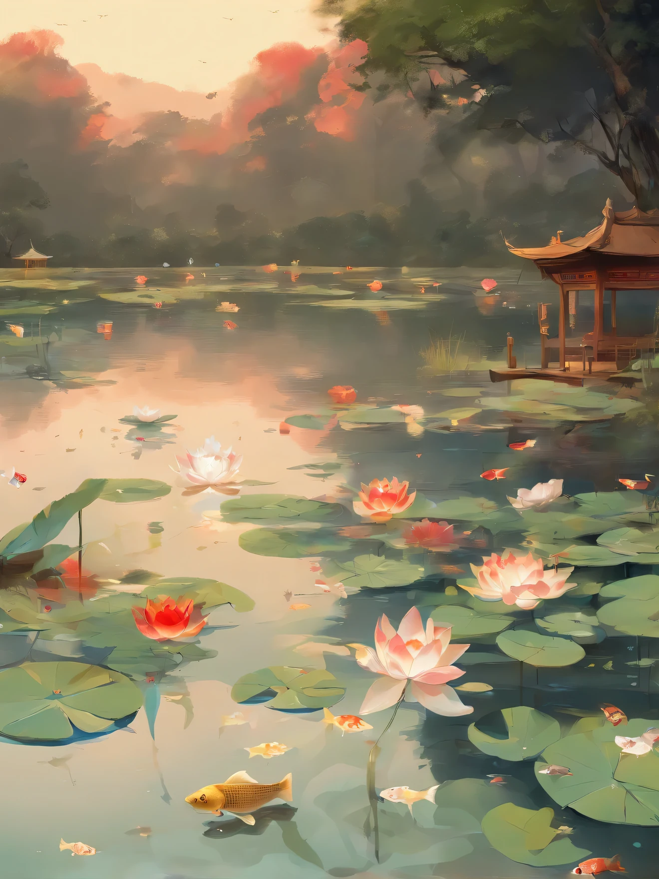 best quality, 8k, highres, realistic, detailed, Evening Pond, pond at dusk, lotus flowers, (golden carp, red and white carp, carp of various patterns)