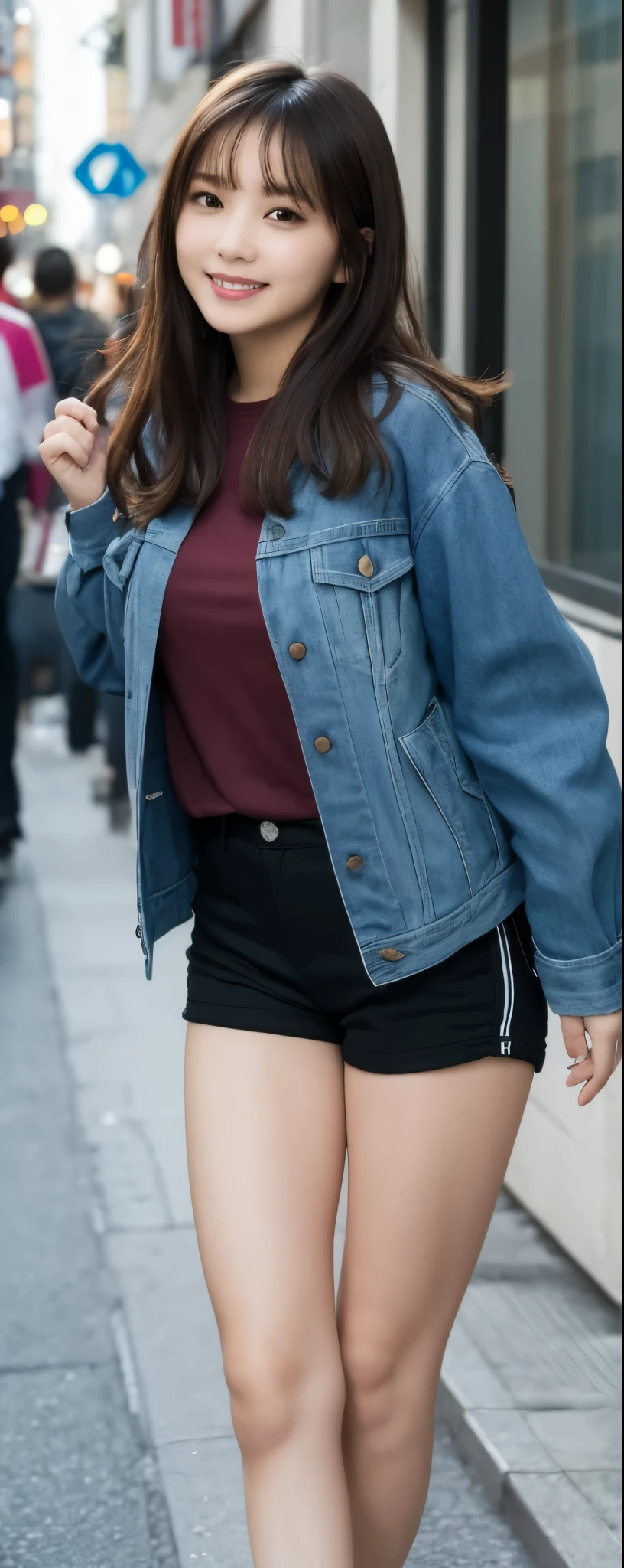 masuterpiece, Best Quality, Illustration, Ultra-detailed, finely detail, hight resolution, 8K Wallpaper, Perfect dynamic composition, from front, Beautiful detailed eyes, ,Medium Hair, wearing oversize rider jacket:1.2, short pants, Natural Color Lip, Random and sexy poses,Smile, Aoyama Street Walk, 28 years girl