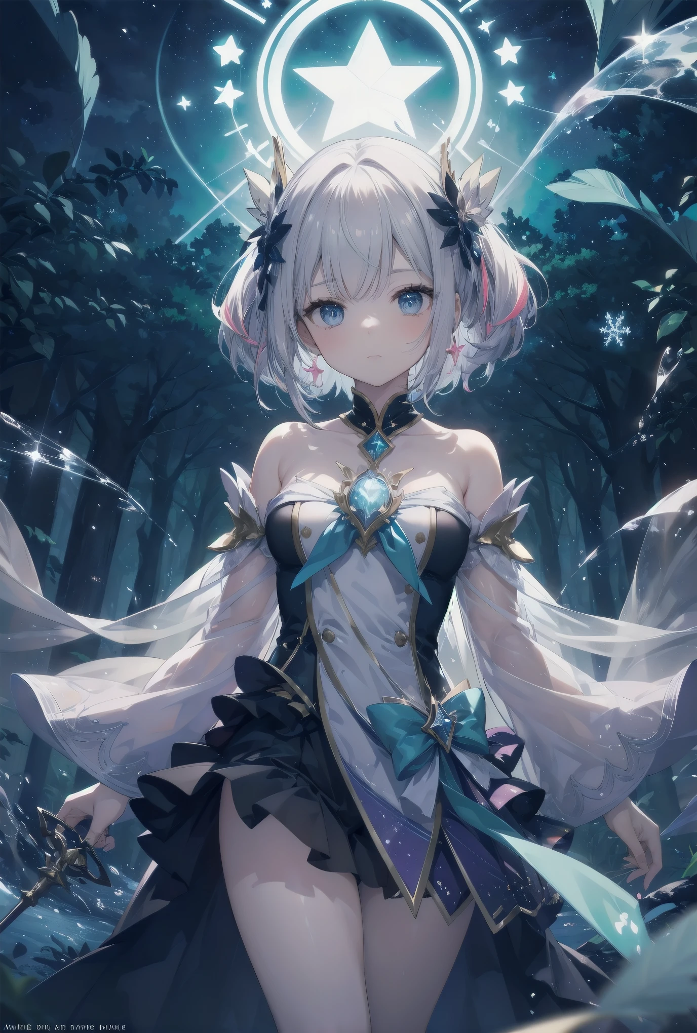 Subject: pretty magical girls.
Subtitle: masterpiece, fantastic, magical, powerful pose
Under a starry sky, in the centre of a mysterious forest, a pretty magical girl raises her glowing wand to the heavens. Around her, particles of seven-coloured magic dance, and with her powerful pose, the entire forest is enveloped in a fantastic light. For this brief moment, even time seems to have frozen.