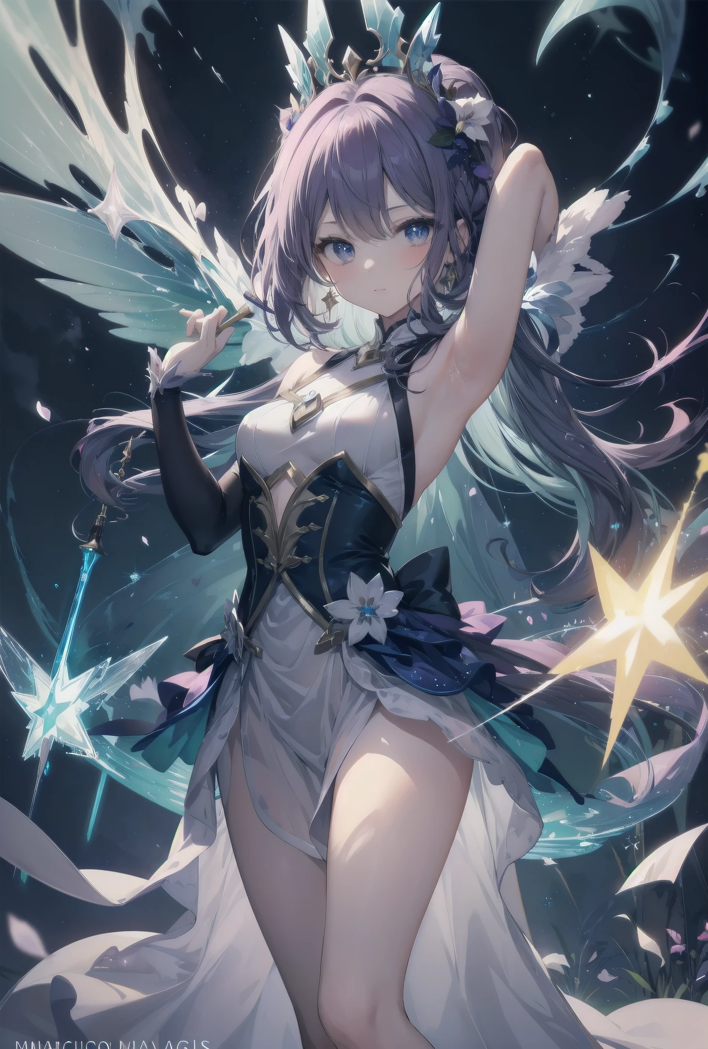 Subject: pretty magical girls.
Subtitle: masterpiece, fantastic, magical, powerful pose
Under a starry sky, in the centre of a mysterious forest, a pretty magical girl raises her glowing wand to the heavens. Around her, particles of seven-coloured magic dance, and with her powerful pose, the entire forest is enveloped in a fantastic light. For this brief moment, even time seems to have frozen.