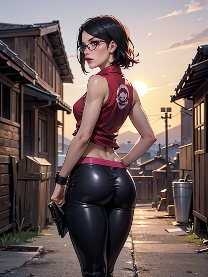 (1girl, solo, alone), (WakatsukiRisa, Sarada Uchiha, black hair, short hair, black eyes, red glasses), ((solo, (1woman, (small bust),pink lipstick, black eyes), Extremely detailed, ambient soft lighting, 4k, perfect eyes, a perfect face, perfect lighting, a 1girl)), ((fitness, shapely body, athletic body, toned body)), (masterpiece, best quality, ultra HD, 8k, wallpaper), cinematic view, full body view, front view, perfect body, perfect , curvaceous body, alluring, perfect hands, perfect eyes, detailed eyes, long round legs, round ass, meet the daring gunslinger, a captivating woman exuding confidence, strength, and mystery, standing at 5'8" with a slender yet athletic build, she owns her wild and untamed appearance with mid length red hair flowing down to her lower back, adding to her allure, her outfit screams adventure, featuring a burgundy, high-collared, sleeveless leather vest adorned with silver buckles and intricate stitching, beneath it, a fitted, ripped black shirt tells tales of her battles and escapades, completing her attire are knee-high black leather boots, engraved with intricate patterns, and dark brown leather pants offering flexibility, her weapons of choice, a pair of customized revolvers, are true works of art, polished silver frames with wild west engravings, blued barrels, and smooth dark brown wood handles that rest comfortably in specially designed quick-draw holsters on her hips, in this dusty western town, she stands amidst wooden buildings showing signs of action and adventure, the sun sets the sky ablaze with oranges and purples, while distant mountains loom majestically, few people walk the streets, allowing her to remain the center of attention, her pose and facial expression radiate her confidence and competence, the gunslinger is ready for anything that comes her way, add any creative elements to enrich the artwork and bring her dynamic character to life