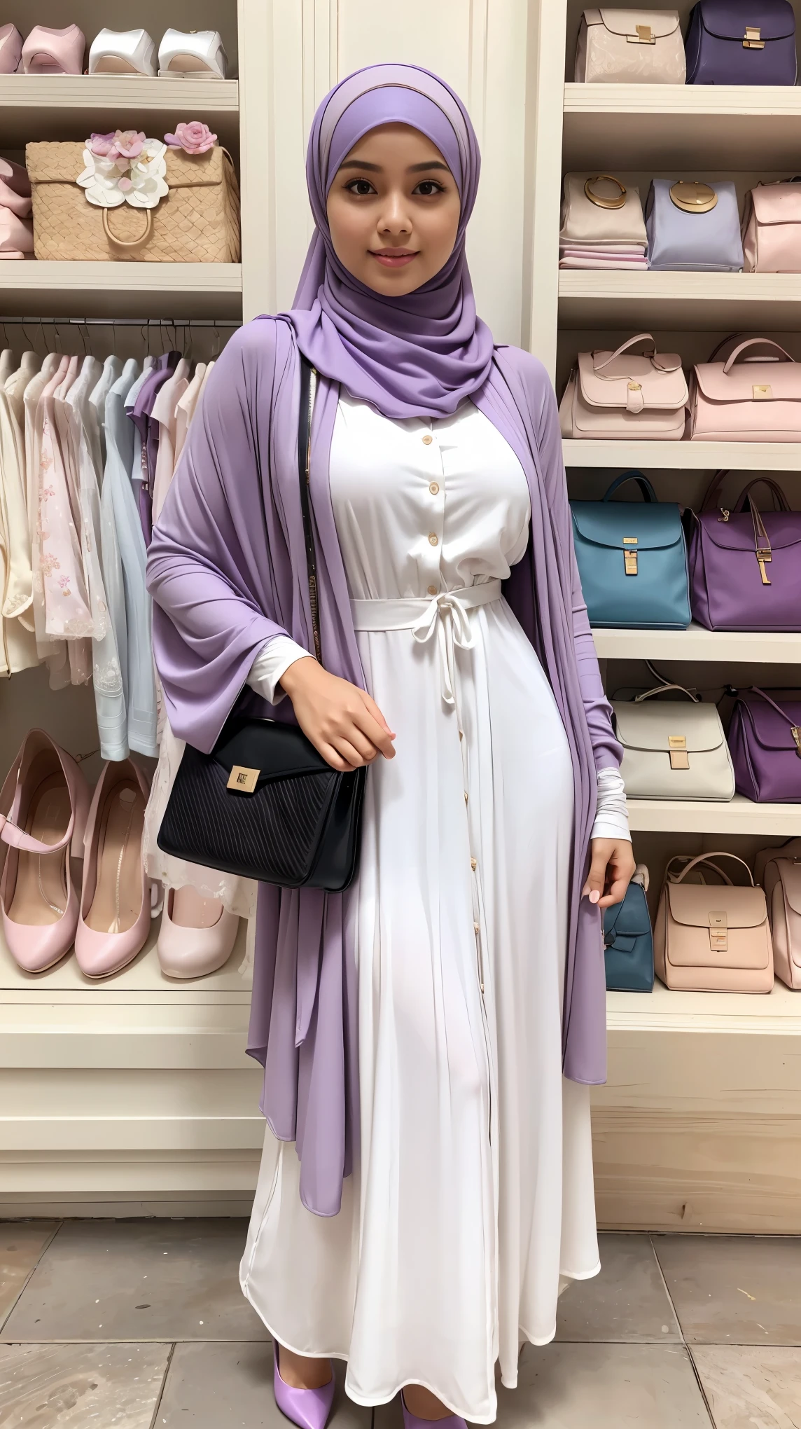 RAW, Best quality, high resolution, (masterpiece: 1.3), full body image, cute Indonesian girl in hijab, Masterpiece, busty girl body, young woman face, cute girl face, bright skin, fair skin, cute eyes, soft smile, light make up, muslim girl in hijab standing in front of a store, feminine gesture, serene expression, body facing viewer, looking to viewer, wearing full soft purple hijab, perfect hijab, wearing White abaya dress, pretty dress, wearing lilac cardigan, perfect cardigan, wearing purple heels, wearing pink purse, beautiful in cute pastel shades, beautiful in pastel shades, purse on left shoulder, at noon, Great lighting, great sunlight, Bright colors, Ultra realistic clean lines, very realistic