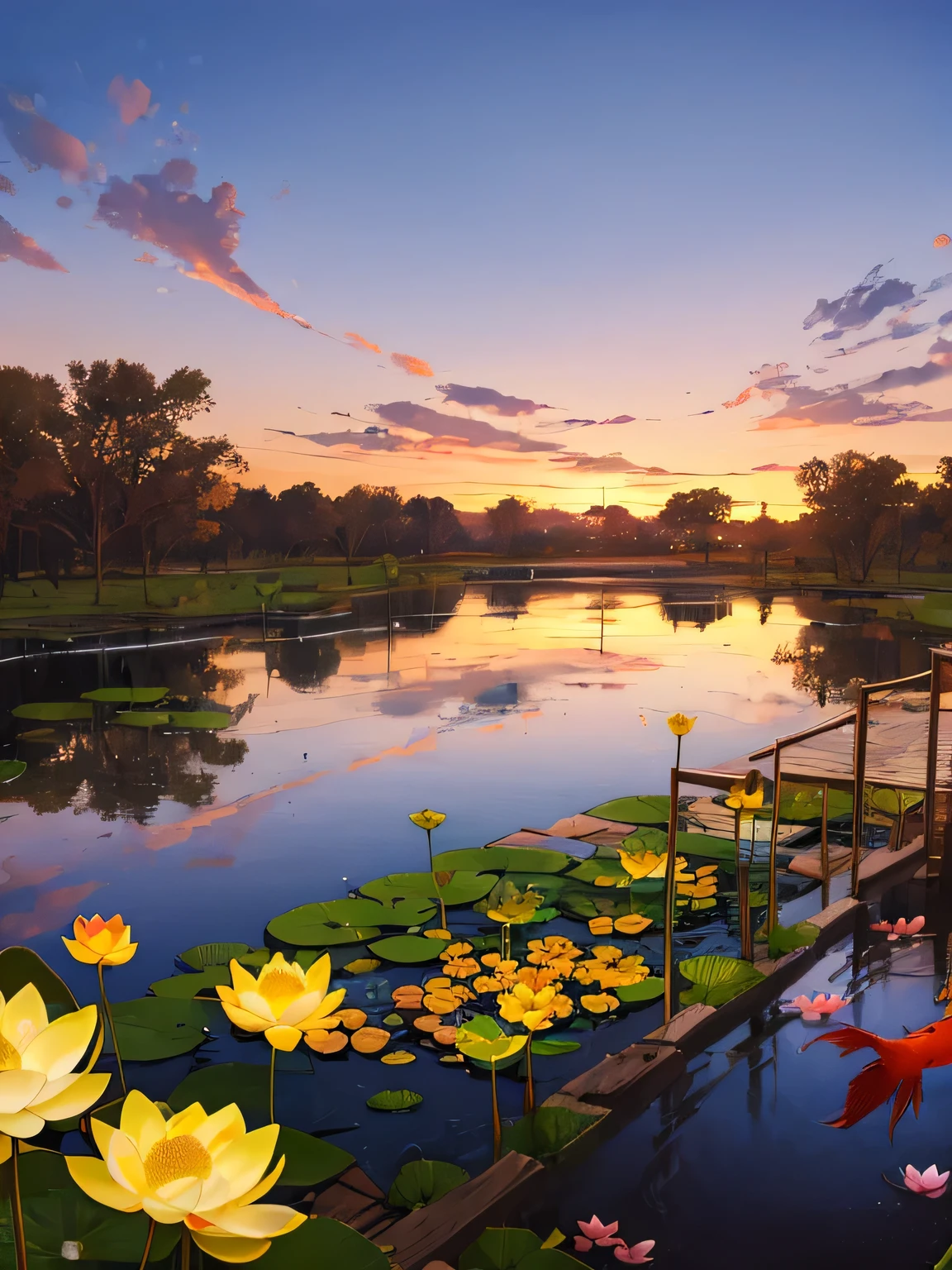 best quality, 8k, highres, realistic, detailed, sunset, Evening Pond, pond at dusk, orange water surface, lotus flowers, golden carp, red and white carp, carp of various patterns
