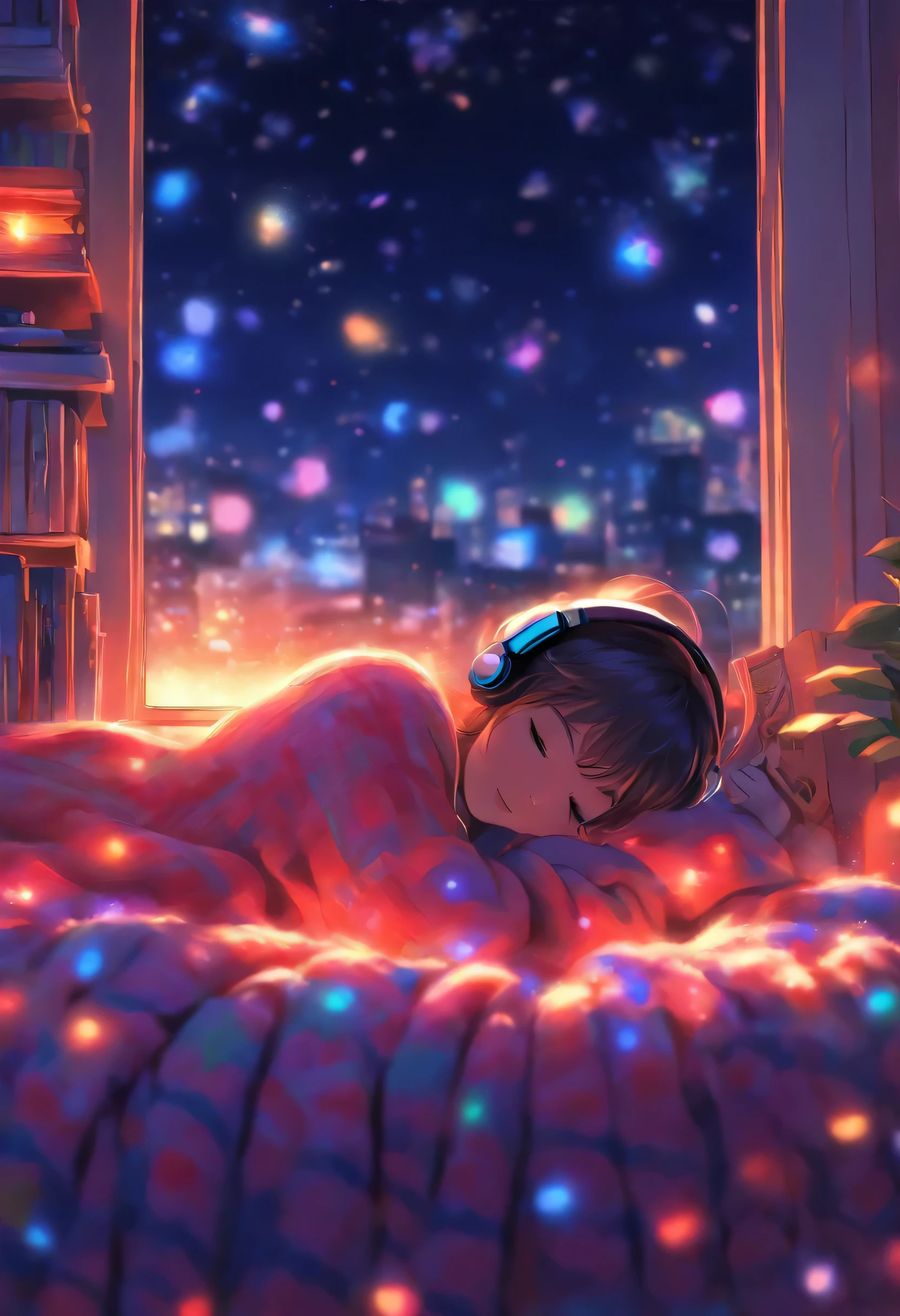 girl, Lying and sleeping, Wearing a large sweater, wearing headphones, feet covered with blanket, praise, Calm, Calm atmosphere, looking out the window in her room, nice, night, quiet night, masterpiece, highest quality