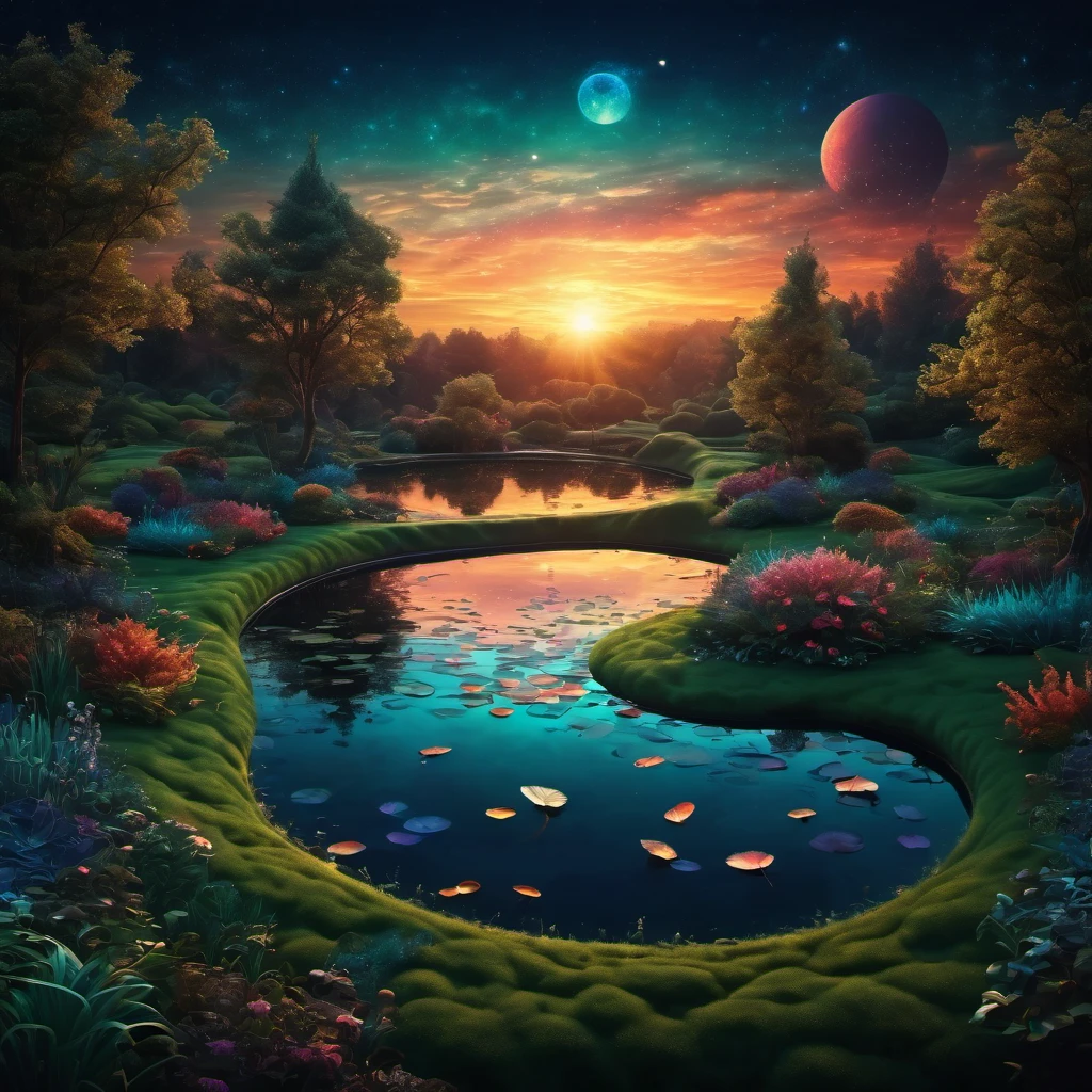 (best quality, highres, ultra sharp), magical Evening Pond, about the curvature of space time, art decostyle , full colored, 3d crunch, dark tones,