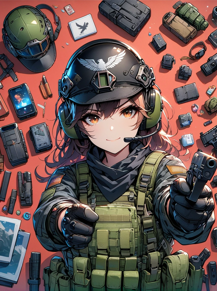 Asian face young girl,laughing expressin,Perfect body,military tactical equipment,gear and accessories,knolling layout organized on a table,person,knolling, Cartoon, pure red background,(first-person view, pov, UHD, retina, masterpiece, ccurate, anatomically correct, textured skin, super detail, high details, best quality, 8k)