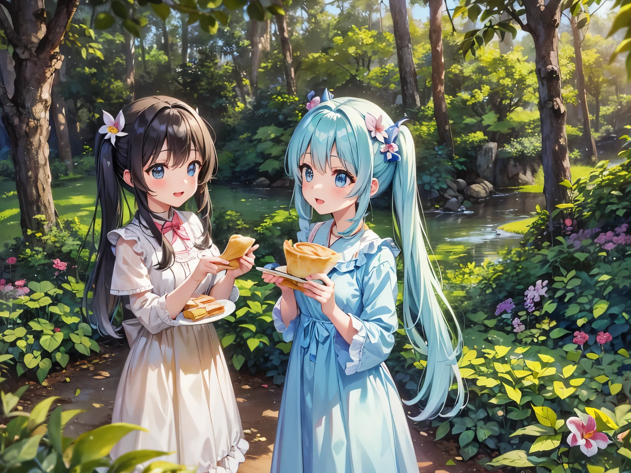 In the forest where many orchid flowers are blooming、Komorebi is beautiful、flower garden cafe cute beautiful girl Light blue long hair、twin tails、cute dress bright smile Eating crepes small forest animals Squirrels and rabbits are watching