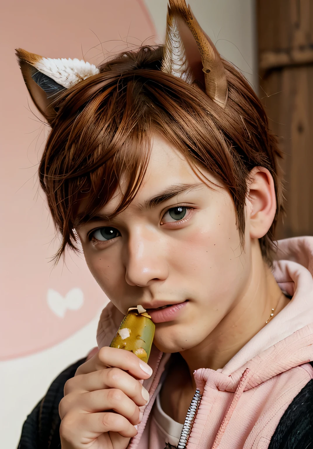 a close up of a person in a pink jacket holding a wallnut, danganronpa, digital art from danganronpa, official fanart, in anime style, in an anime style, anime boy with a squirrel ear and a peanut in his hand, anime boy with squirrel ears, in an anime style, in anime style, orange - haired anime boy, cute anime , with green eye and brown peanut colour hair anime squirrel, anime boy, cool pose, two finger pose