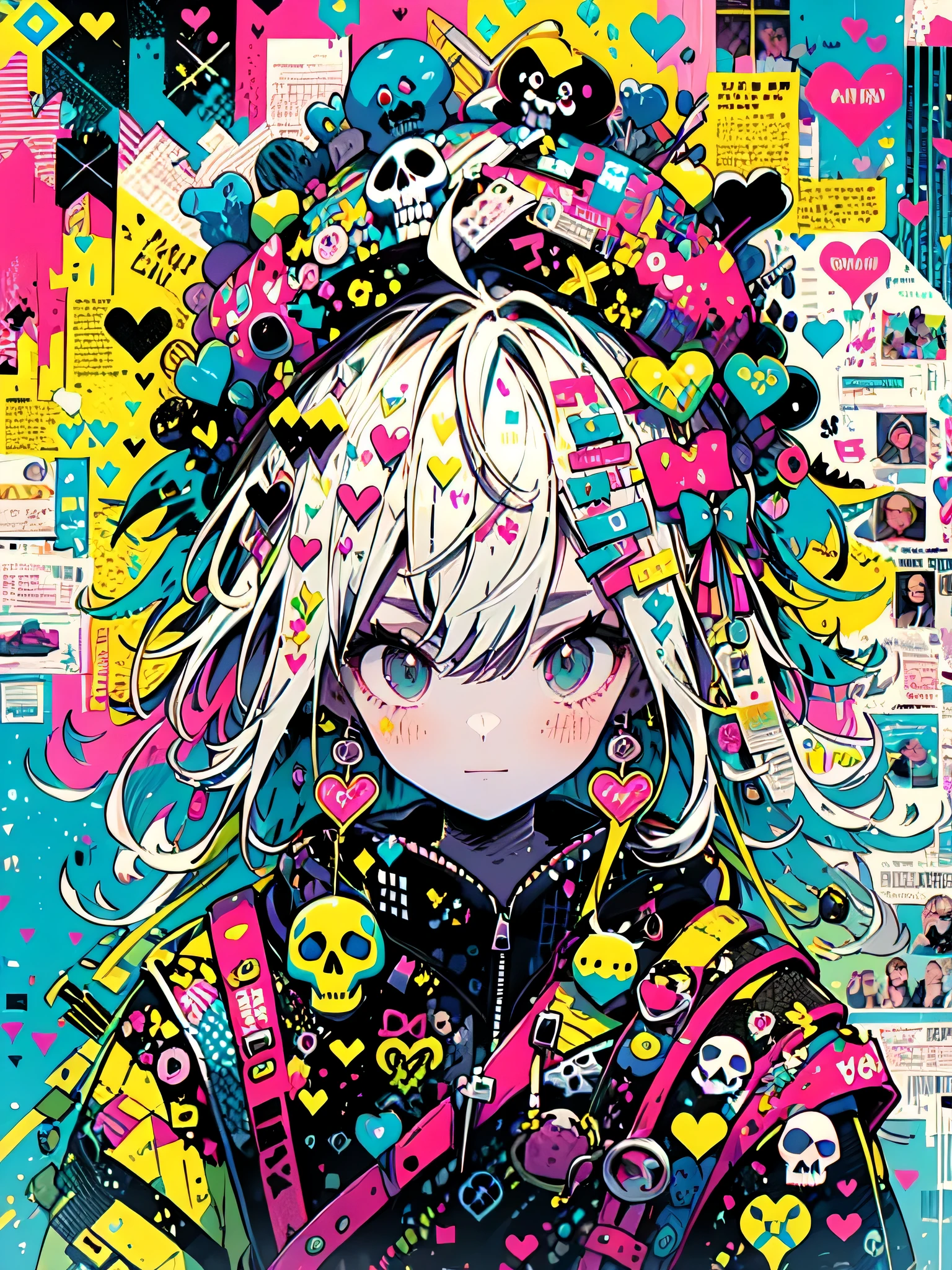 akira toriyama style、"cute, beautiful, Adorable girl wearing pink clothes, yellow, and baby blue color scheme. She is wearing a costume with a SKULL motif inspired by a female pirate.。.。.。.。.。.... Fashionable hats, rock、Comes with decorative accessories such as hair clips. Embodying the vibrant and modern Harajuku fashion style。."
