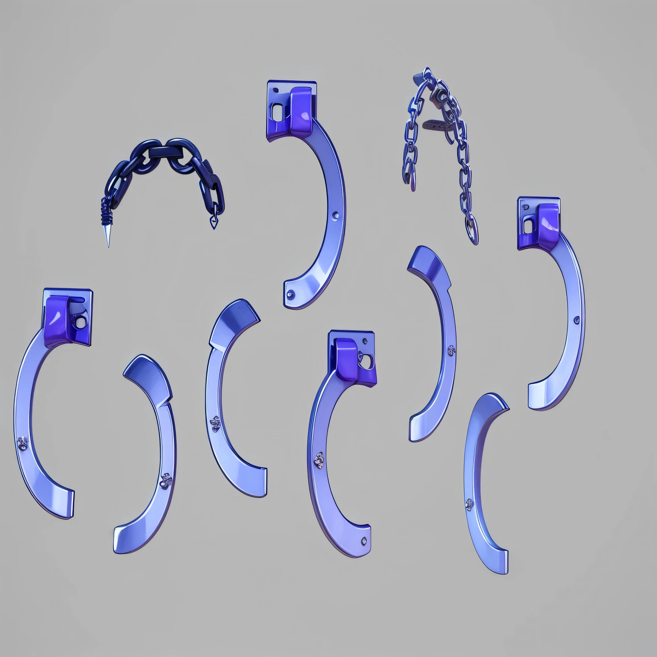 there are five different types of scissors and a chain, broken shackles, cycles4d render, handcuffs, cycles 3 d render, neck shackle, cel shaded pbr, cyberpunk metallic brackets, depicted as a 3 d render, broken gold shackles, neck rings, thick glowing chains, stylized cel shading, blender cycles, rendered in blender, game asset