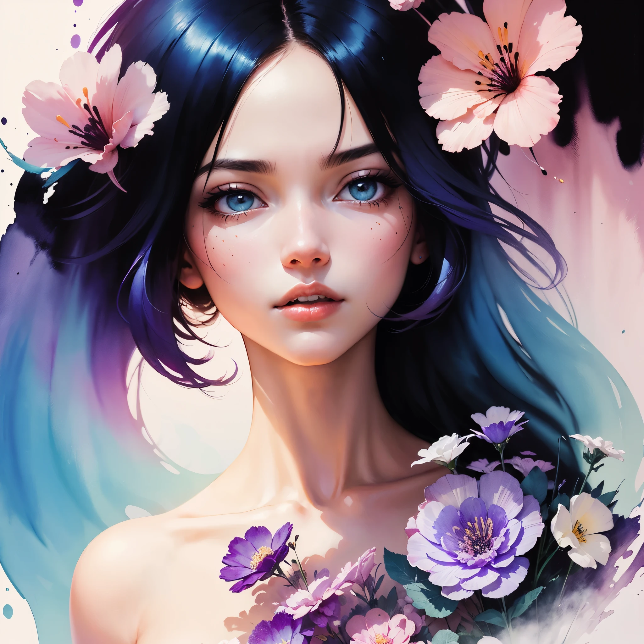 1 chica,flor, lisianto ,en el estilo de rosa claro y azul claro, dreamy and romantic compositions, Rosa palido, ethereal foliage, arreglos juguetones,Fancy, alto contraste, trazos de tinta, explosiones, overexposure, purple and red tone print , abstracto, ((pintura de acuarela de John Berkey y Jeremy Mann )) Pinceladas, espacio negativo, 