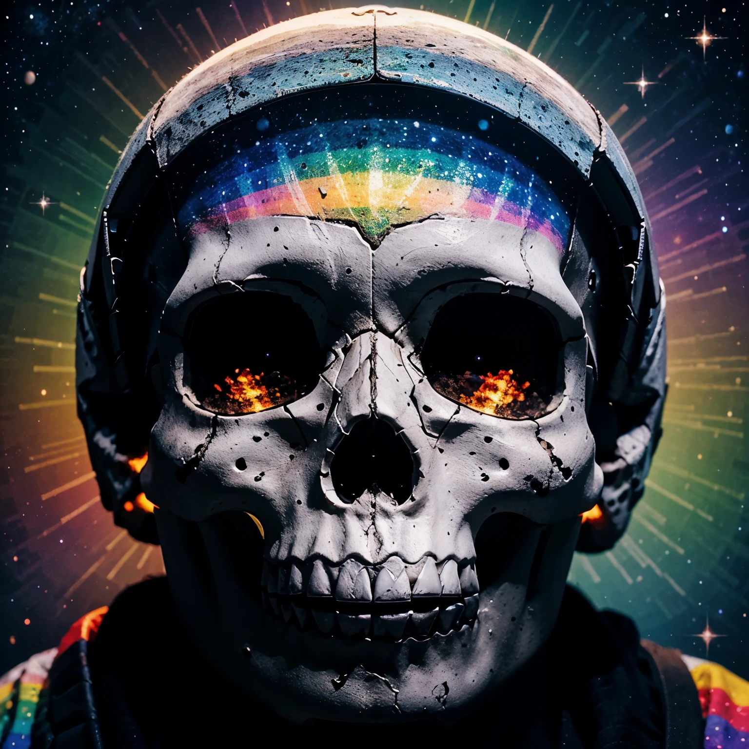A cute iconic depiction of a white human skull with rainbow colors and deep cosmic background. All powerful and deep wisdom