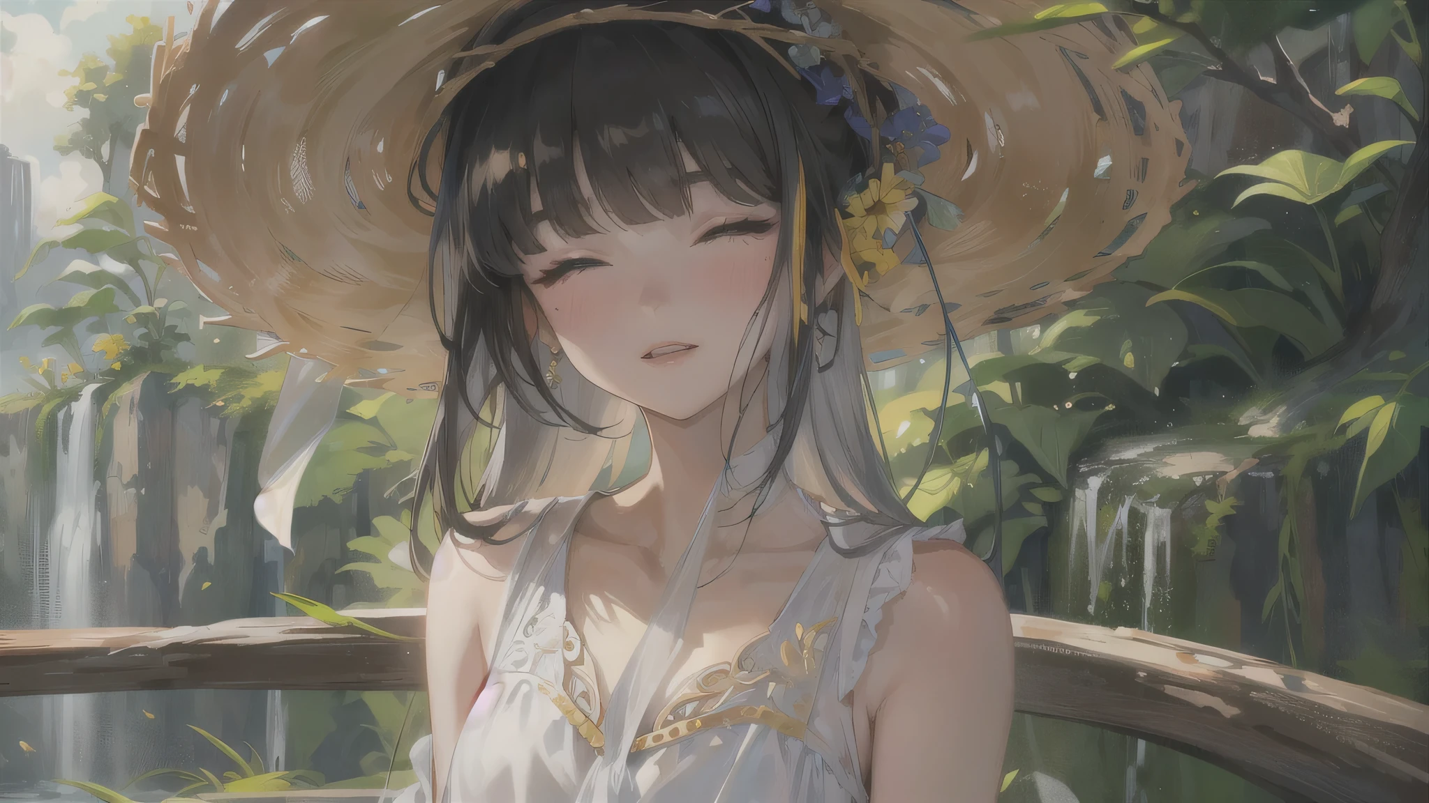perfect anatomy, masterpiece:1.4, best quality, 8k, beautiful detailed grow, daydreaming expression, in summer, standing solo:1.3 ((blunt bangs)) (black hair long hair immensely cute girl 14 yo, closed sexy eyes, lovely smile), break, in a white long One-piece dress, Straw hat, Midsummer Weather, in the open Waterfall.