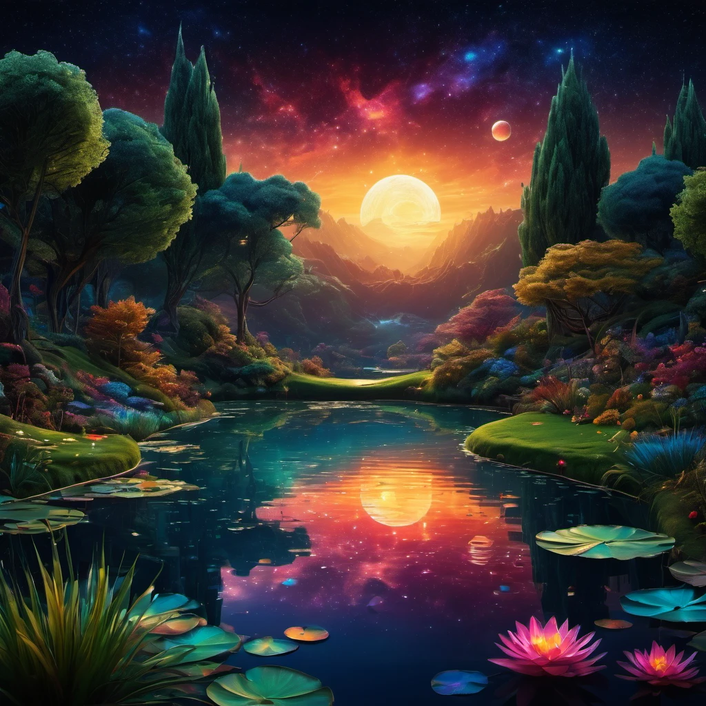 (best quality, highres, ultra sharp), magical Evening Pond, about the curvature of space time, art decostyle , full colored, 3d crunch, dark tones,