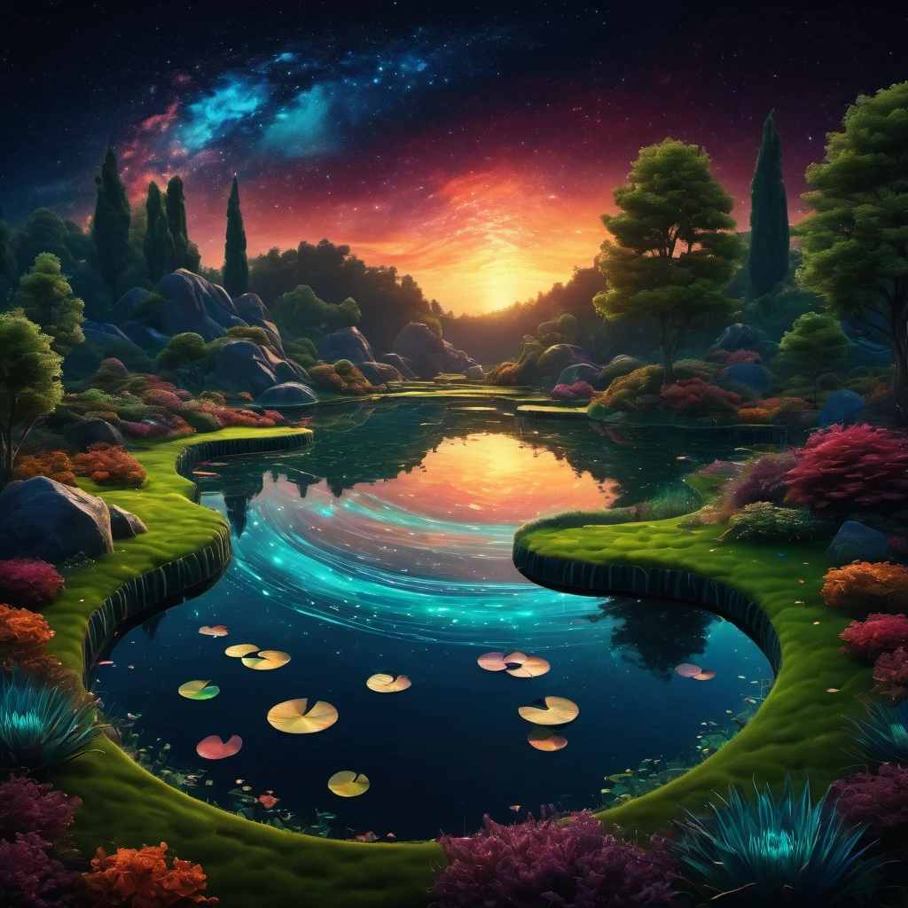 (best quality, highres, ultra sharp), magical Evening Pond, about the curvature of space time, art decostyle , full colored, 3d crunch, dark tones,