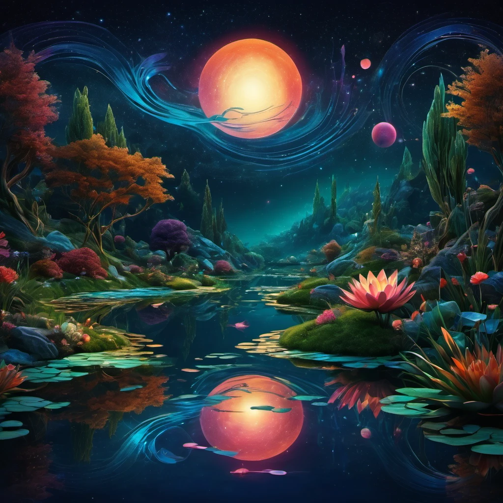 (best quality, highres, ultra sharp), magical Evening Pond, about the curvature of space time, art decostyle , full colored, 3d crunch, dark tones,