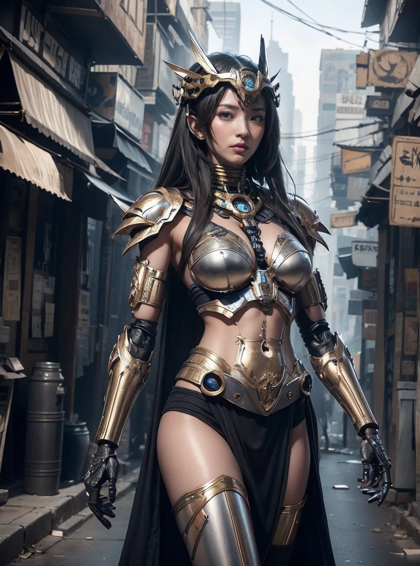 ((Unreal Engine 5)), Realistic Rendering, Excellent, lights on armor, Cloak, helm, (Yoga Pants), looking on viewer, posing walkdown on street, beautiful face, makeup, (photorealism:1.2), ultrarealistic uhd face, (huge fake boobs:1.4), (gigantic breasts:1.1), (muscle abs), (big butt), (wide hips), (thick thighs), slim waist, hourglass figure, half body, ((glowing skin)), ((shiny skin)), Realistic body, ((she is sexy)), ((clean skin)), photorealistic, bokeh, motion blur, masterpiece, highres, 1080P, super detail, textured skin